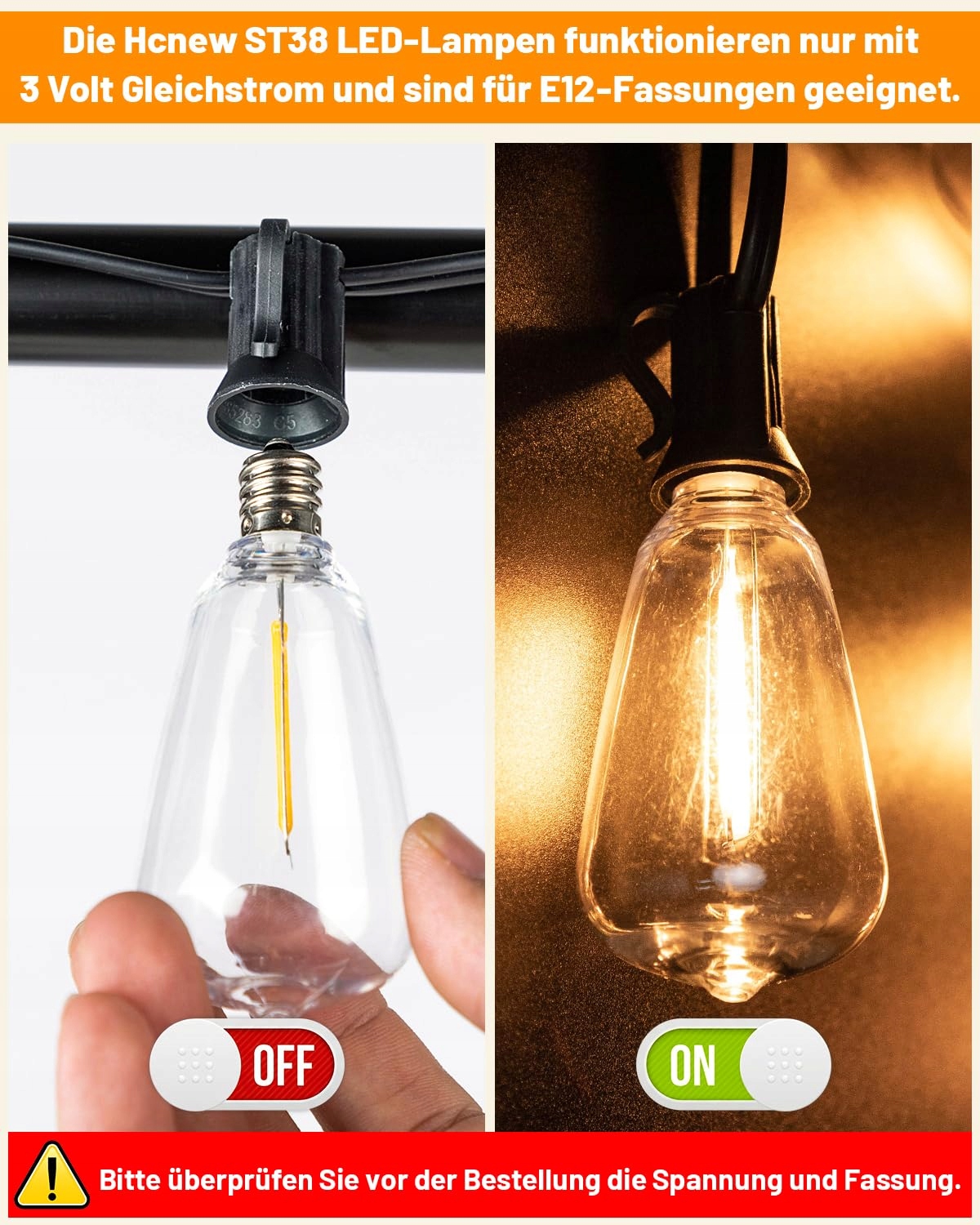 HCNEW 25 Sztuk E12 ST38 LED Solarne Żarówki 2700K Ciepłe Białe 1W 3V — miniatura 3