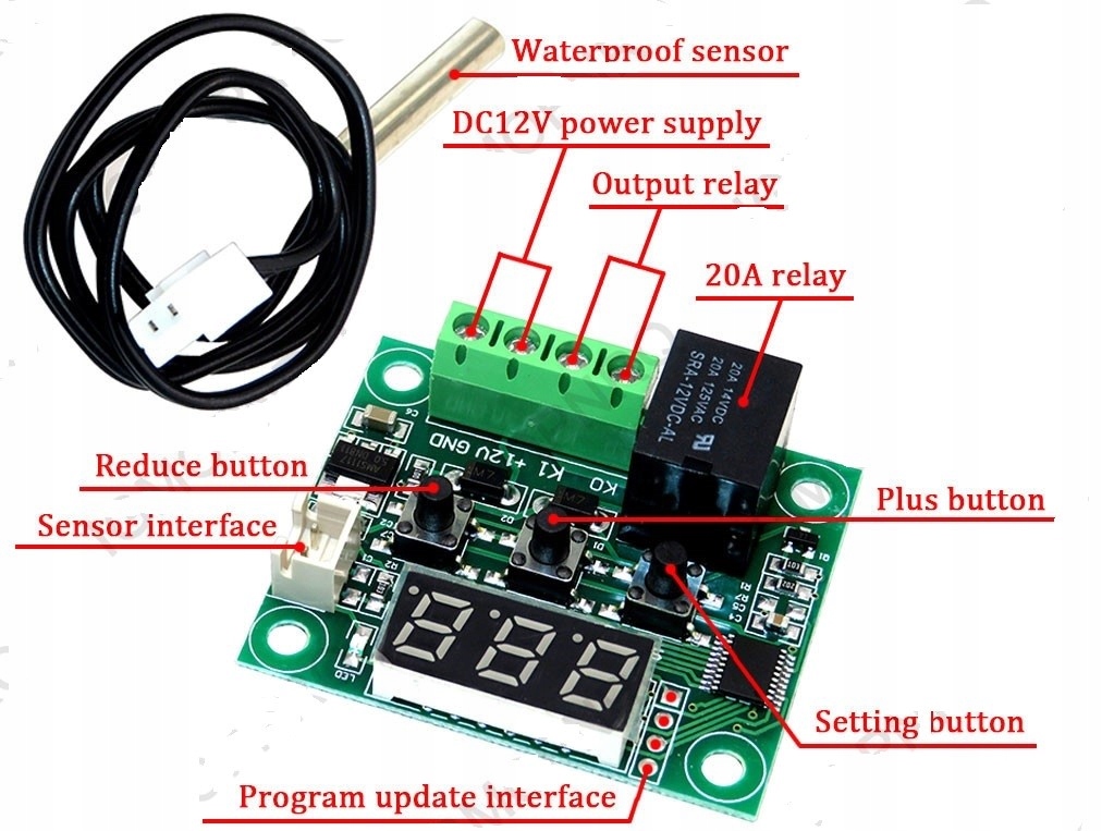 Termostat, regulator temperatury 12V -50C +110C Model W1209 12V -50C +110C