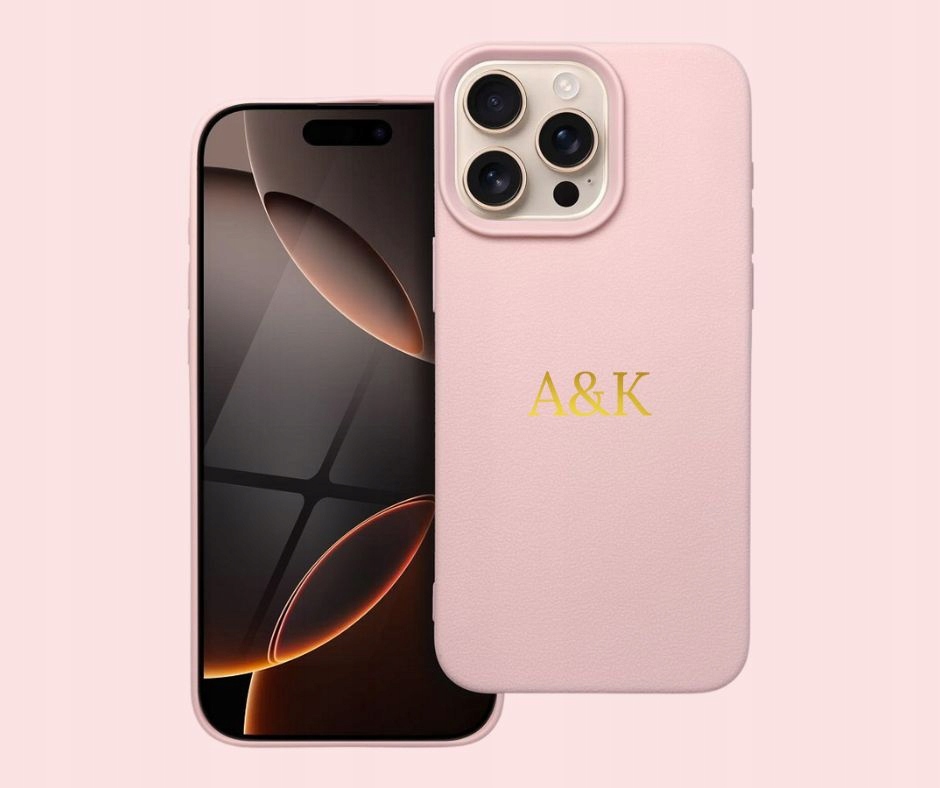 Etui iPhone 15 16 ze złotym tłoczeniem inicjały imię symbol Różowe 15mm