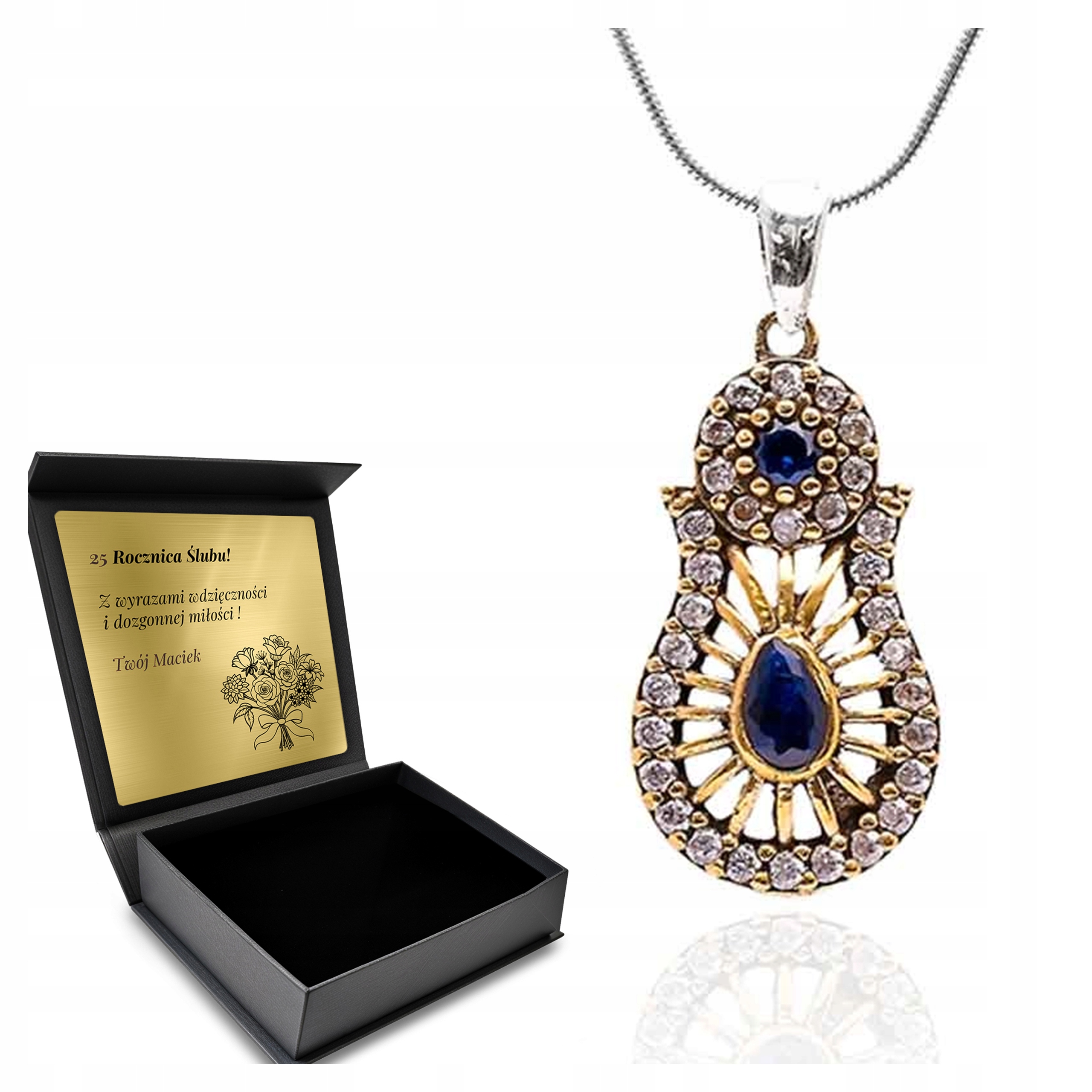 Náhrdelník Srerbny 925 Zirkony Safír Dárek pro ženu Gravírování Bonus