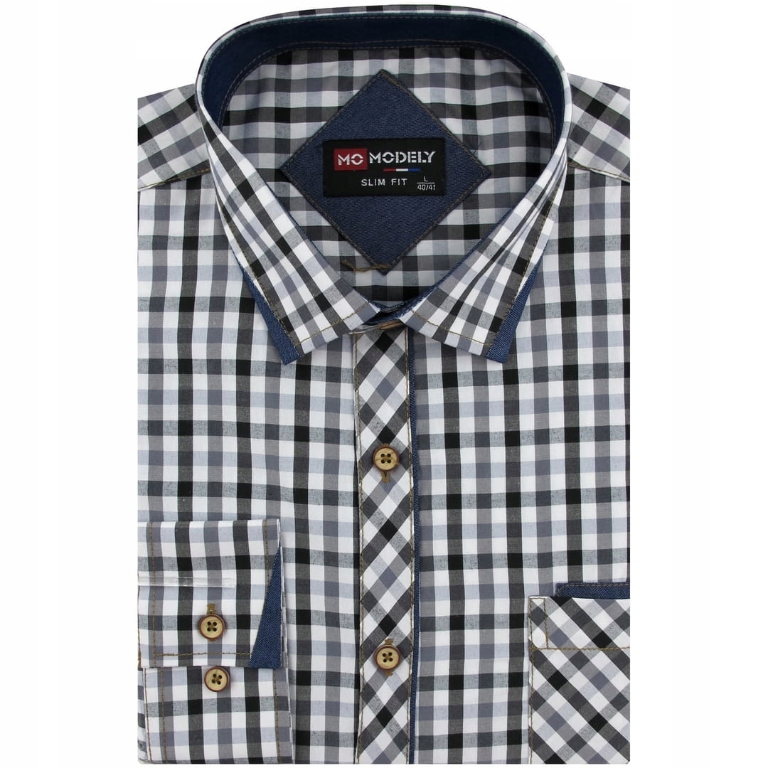 Koszula Męska Codzienna Casual czarna w kratkę z długim rękawem Slim H596