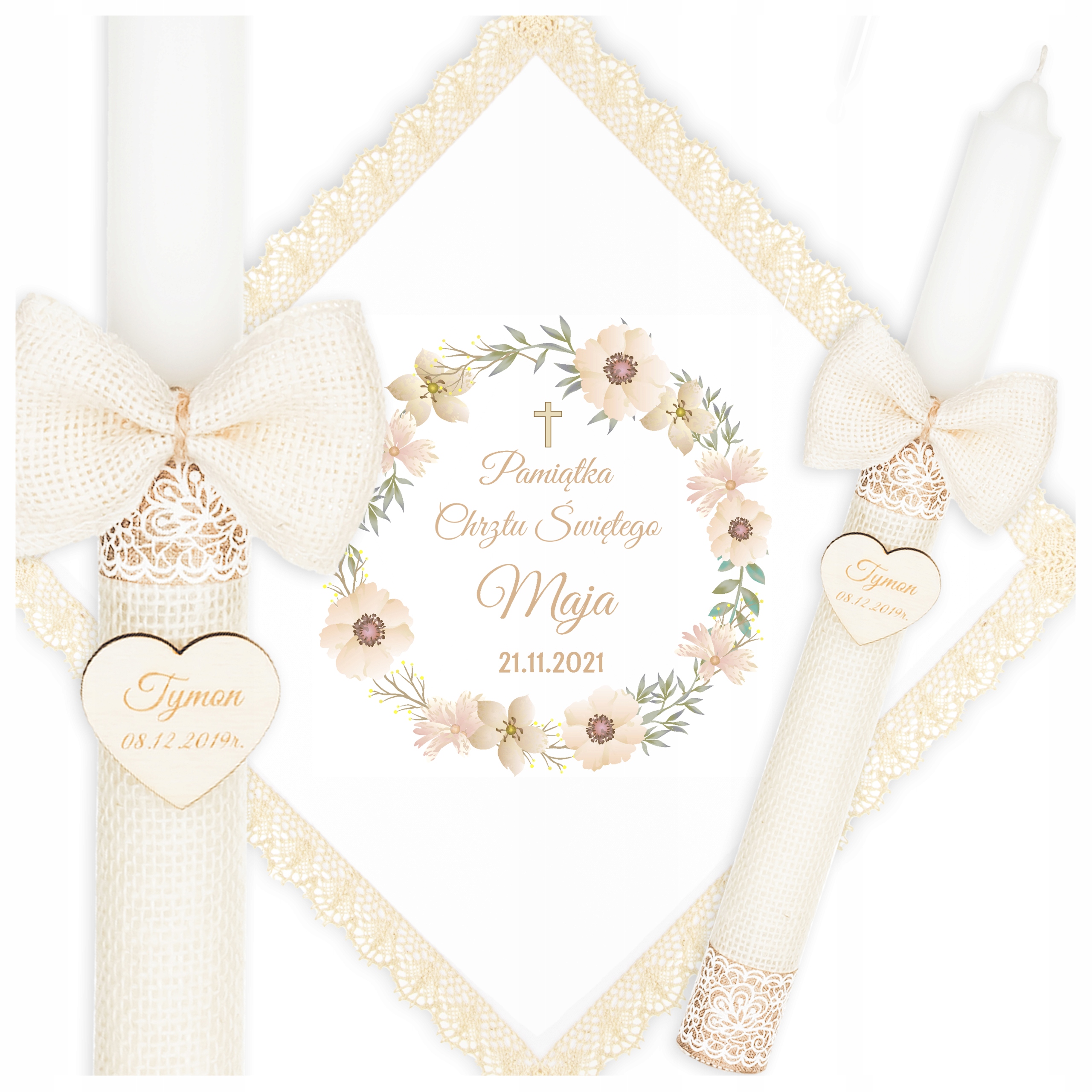 SZATKA I ŚWIECA DO CHRZTU + 2 PUDEŁKA DREWNIANE PAMIĄTKA CHRZTU ŚWIĘTEGO Okazje chrzest