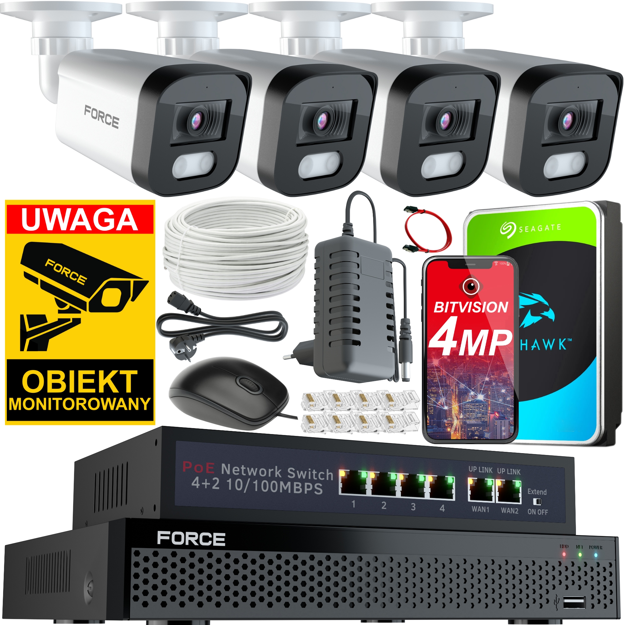 Force Monitorovací sada 4x Ip kamera 4MPx 2K, Disk 1TB Switch Poe