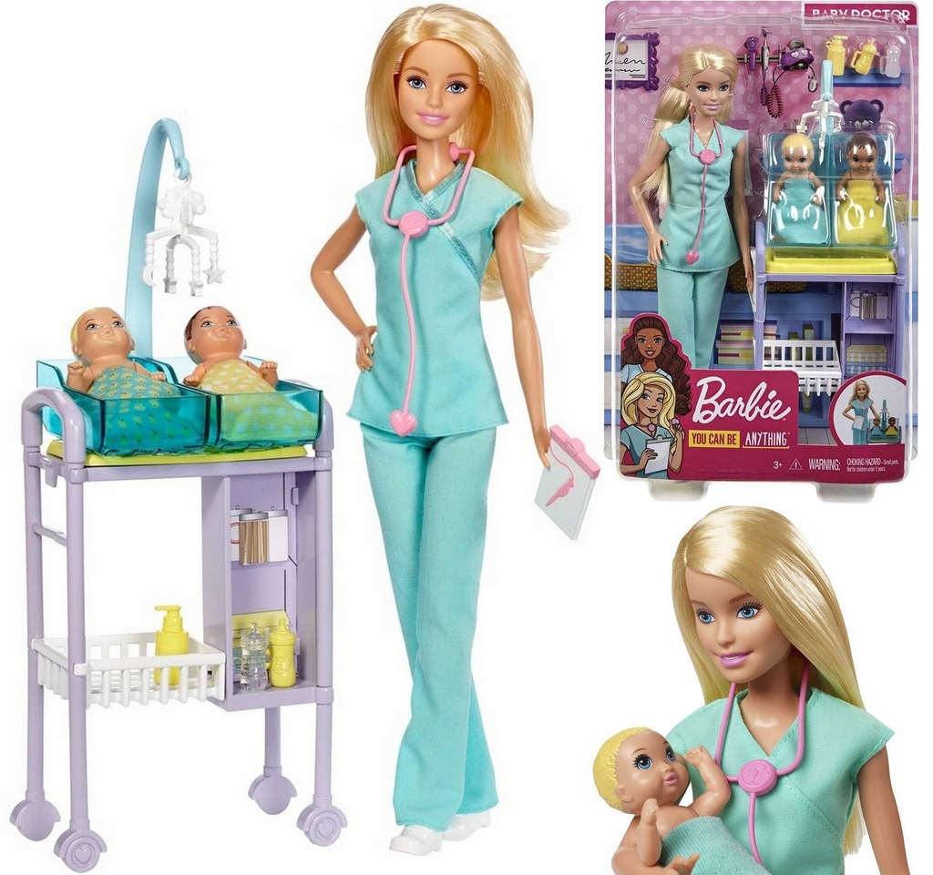 Lalka Barbie Zestaw Lekarz Pediatra + 2 laleczki bobasy akcesoria GKH23