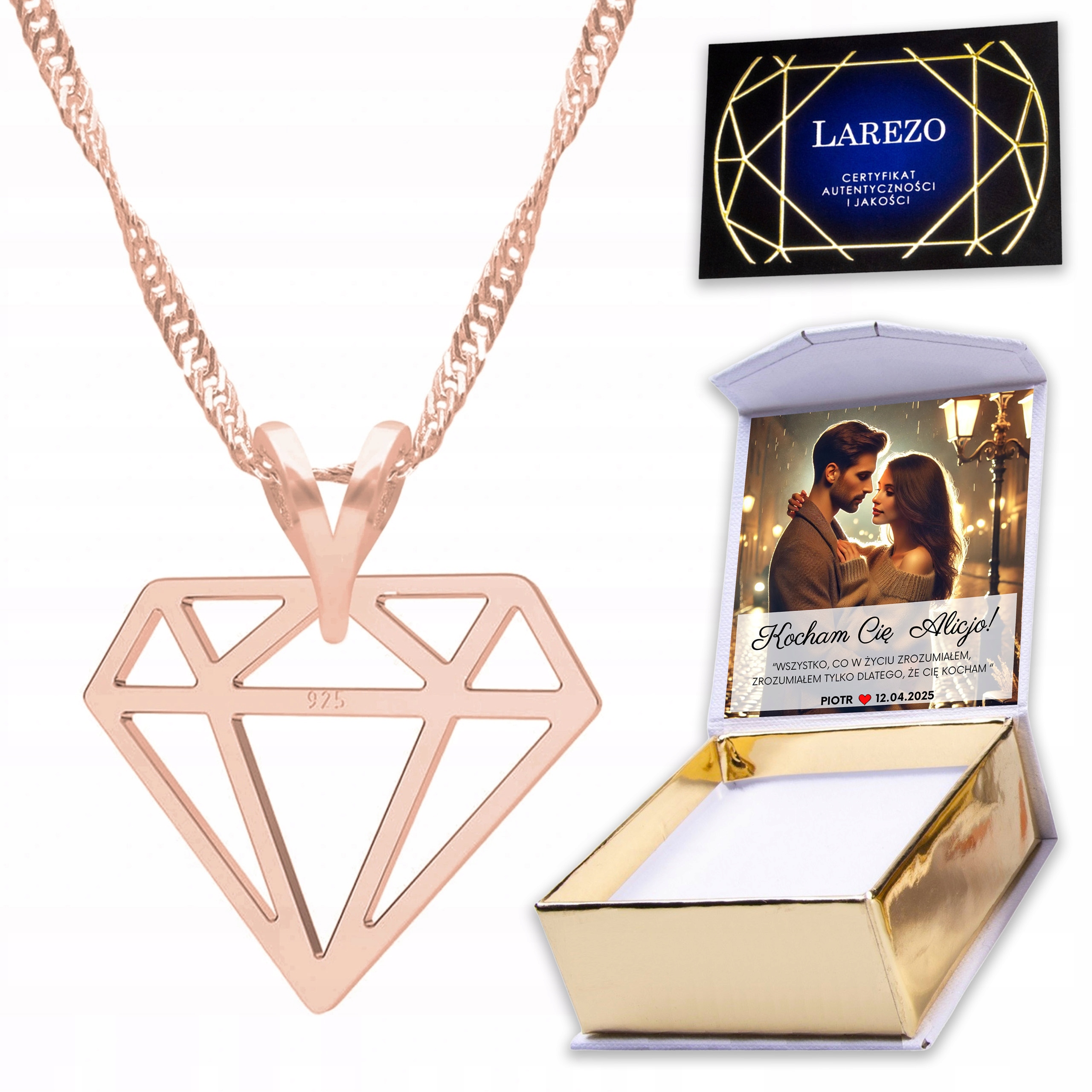 Pozlacený náhrdelník 925 Diamant Plech Klenot s diamantem Potisk