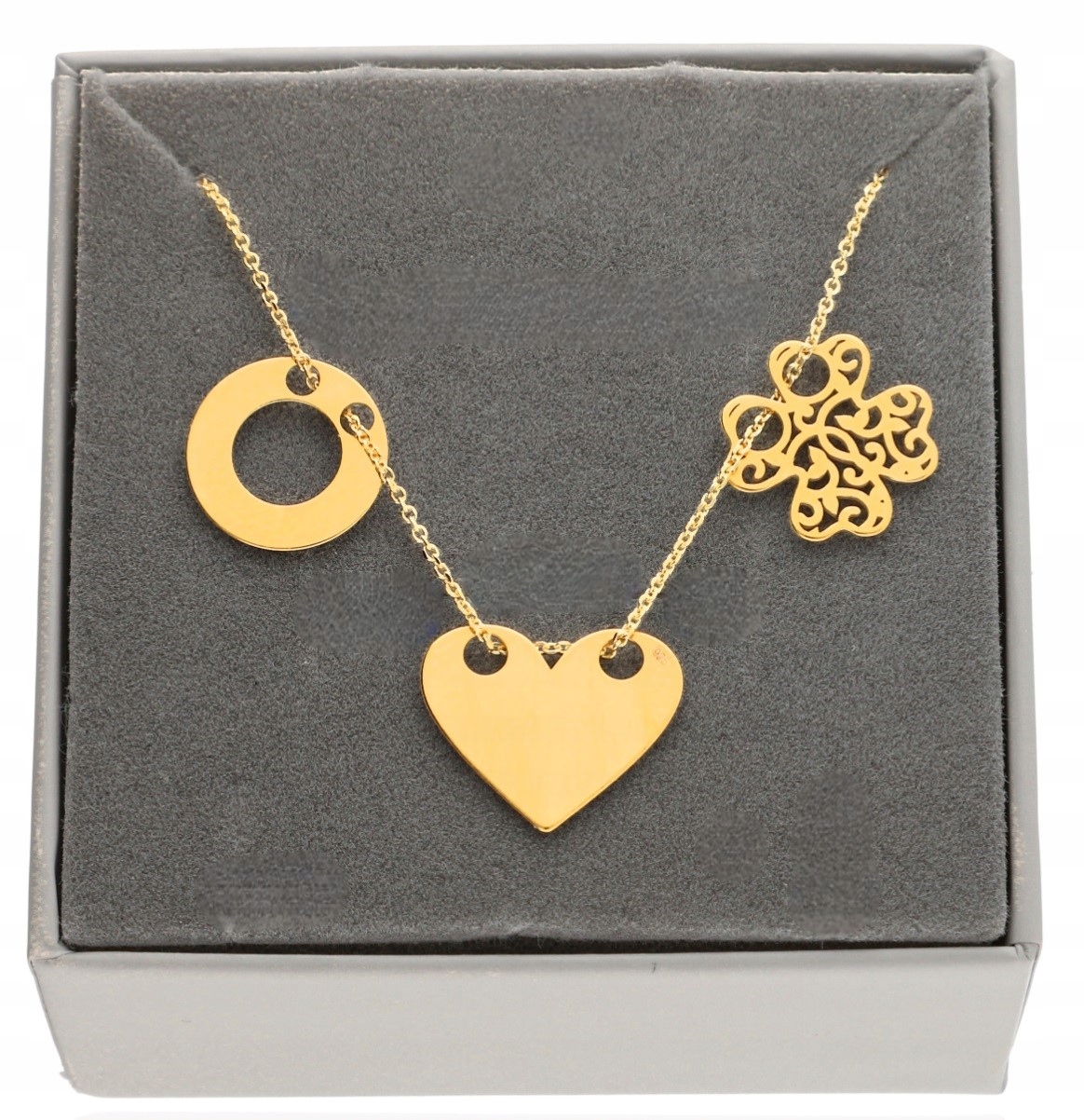 Zlatý náhrdelník 3 přívěsky srdce kolečko čtyřlístek Celebrita stříbro 50 cm