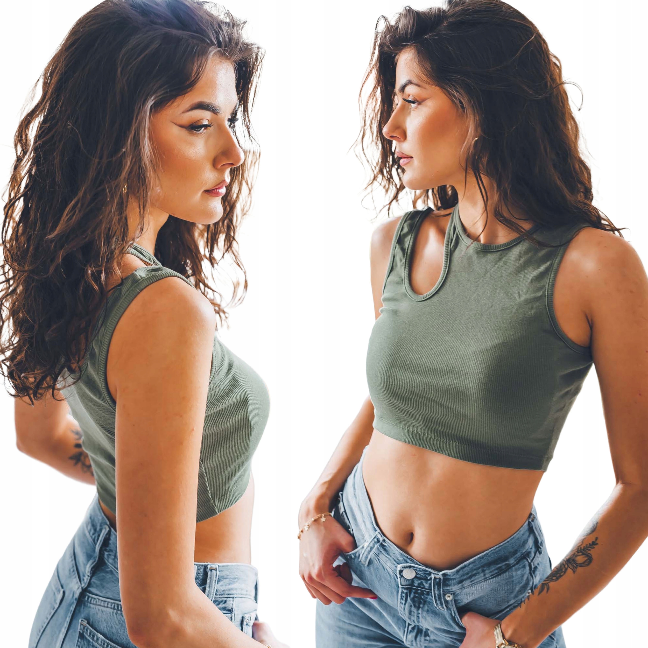 

Krótki prążkowany crop top khaki bluzka damska Uni