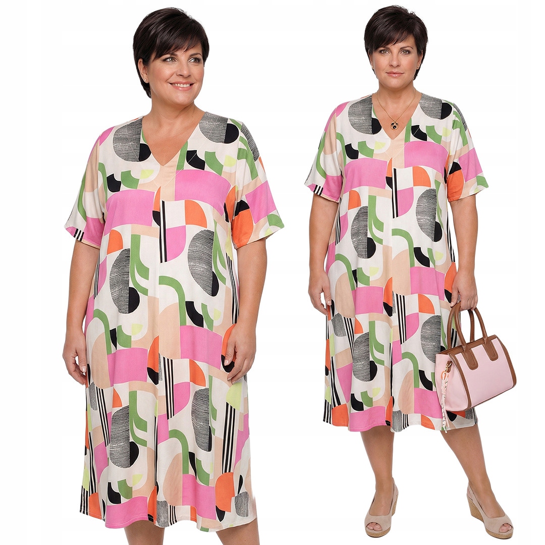Šaty s vícebarevnými geometrickými vzory plus size velikost 56