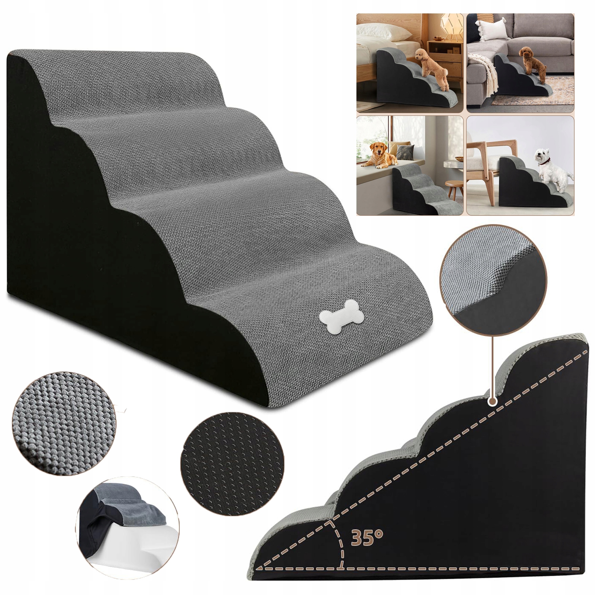 Levně 4 Stupně Schůdků Pro Psa Plošina 50 CM Pohodlná A Bezpečná Šedá