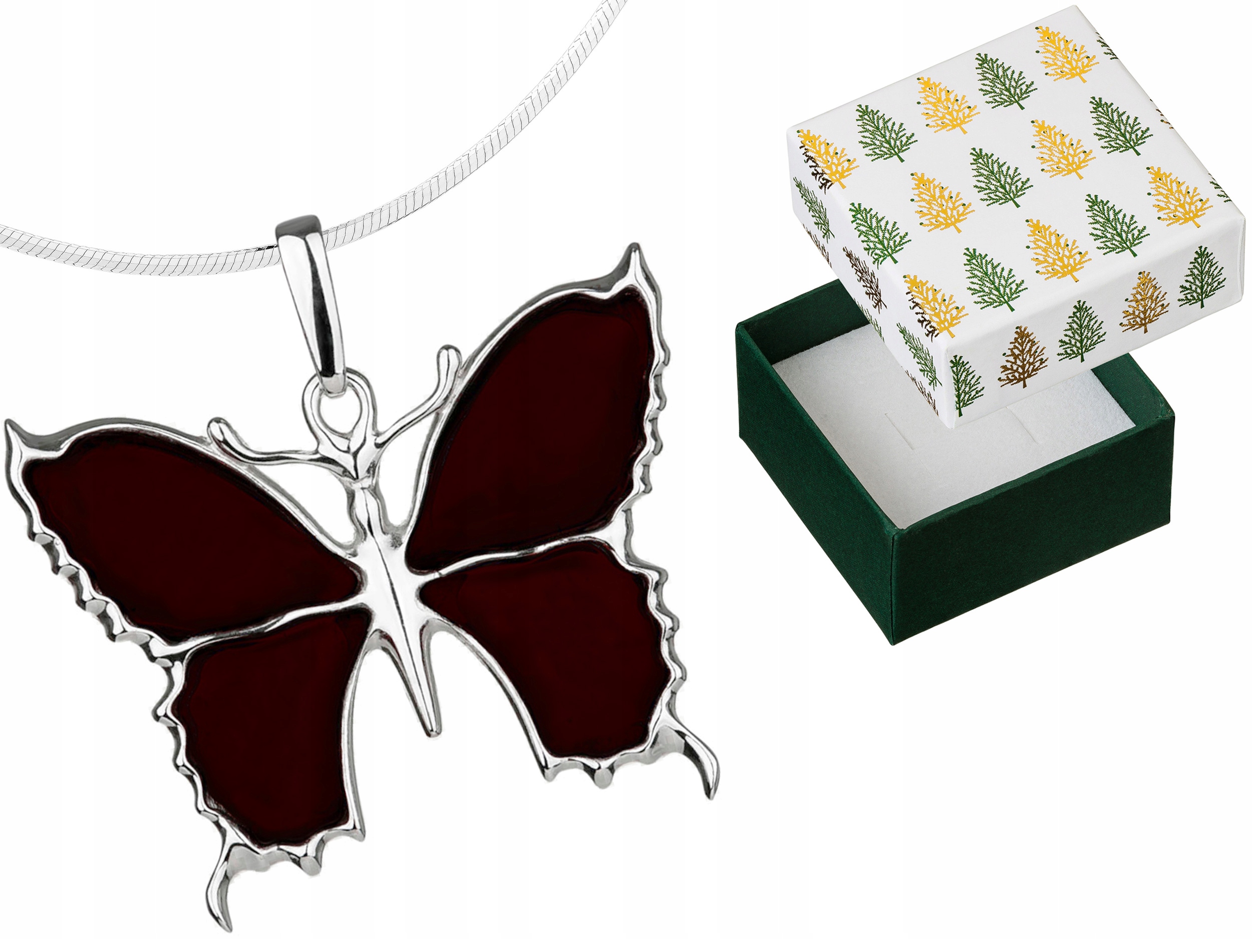 Stříbrný náhrdelník Motýl s třešňovým jantarem Motýlek Jantar Stříbro 80 cm