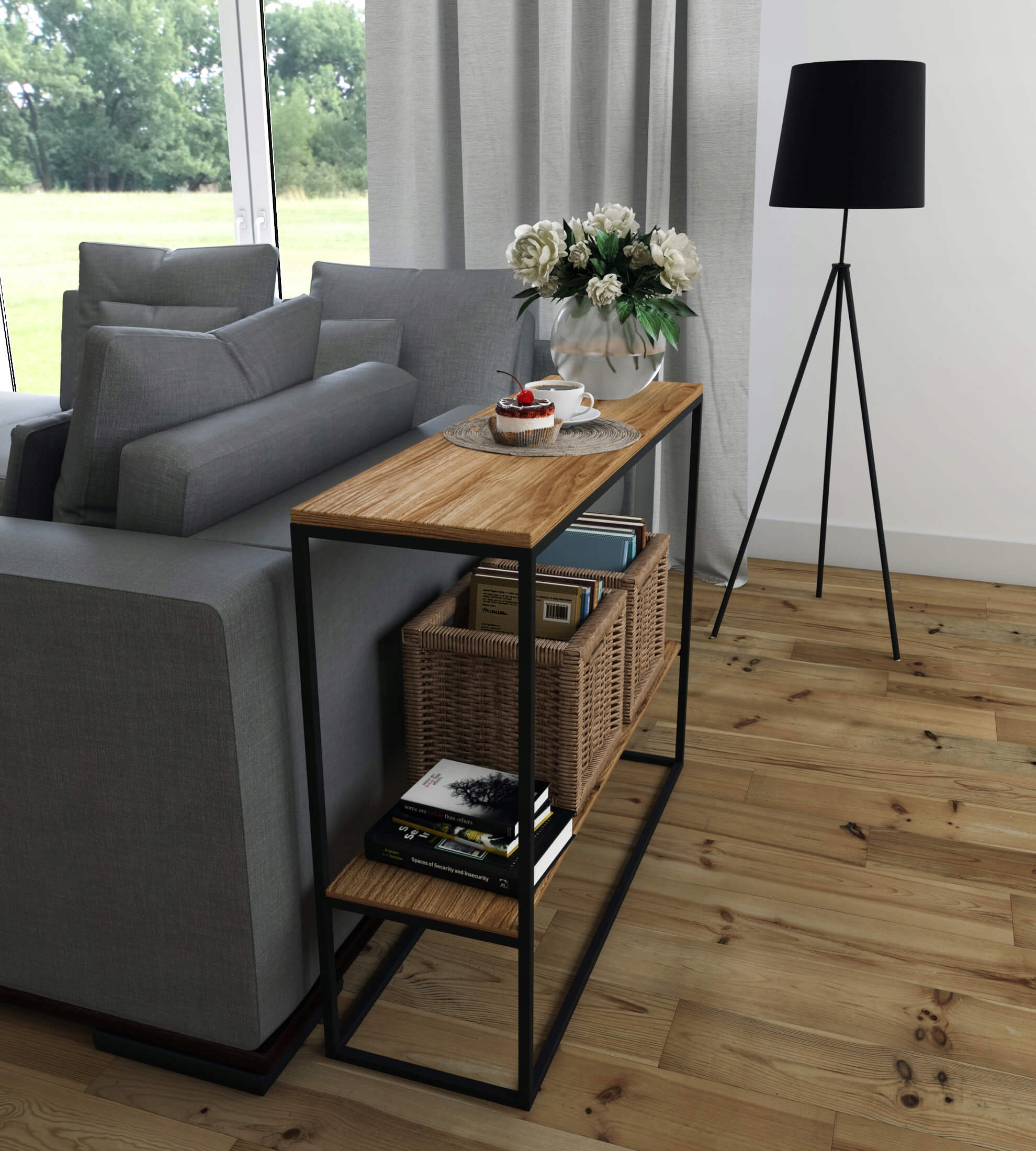 Konsola z półką salon loft Merrion wcięcie Kolor mebla czarny