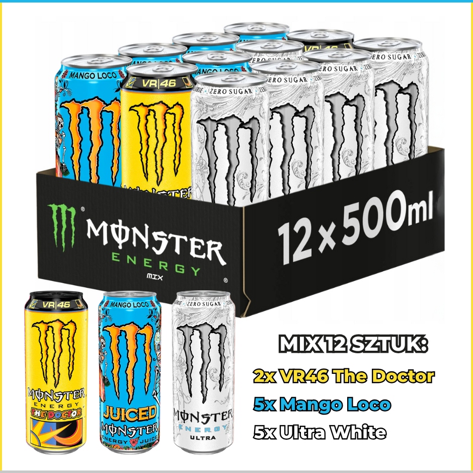 Levně 12 x Monster Energy MIX 5x Ultra White, 5x Mango Loco, 2x VR46 The Doctor