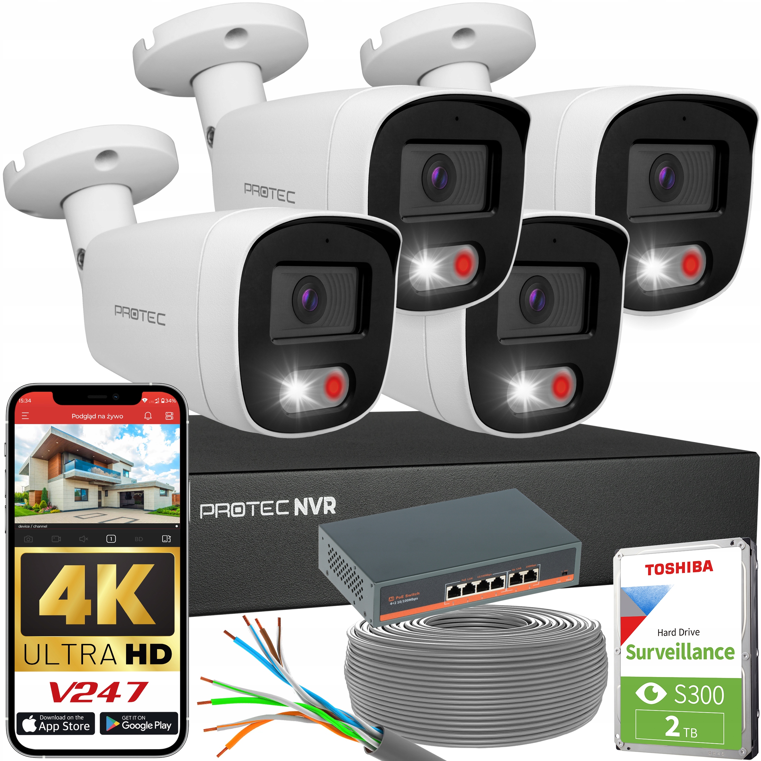 Zestaw do monitoringu kamery zewnętrzne tuby Ip 8Mpx 4K Switch PoE dysk 2TB