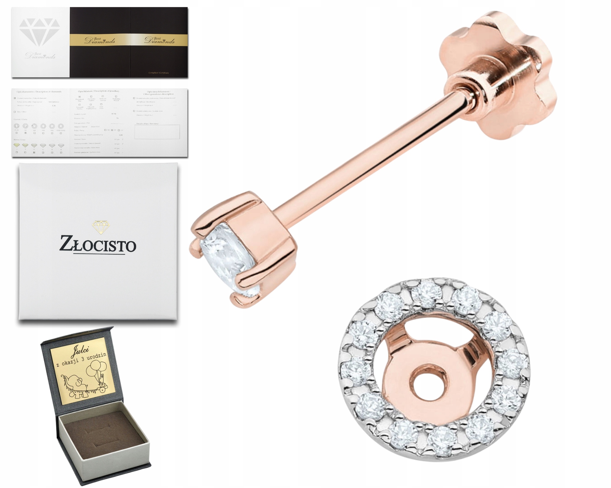 Růžové Zlato Náušnice 1 Kus Helix Diamanty Brilianty Lab 585