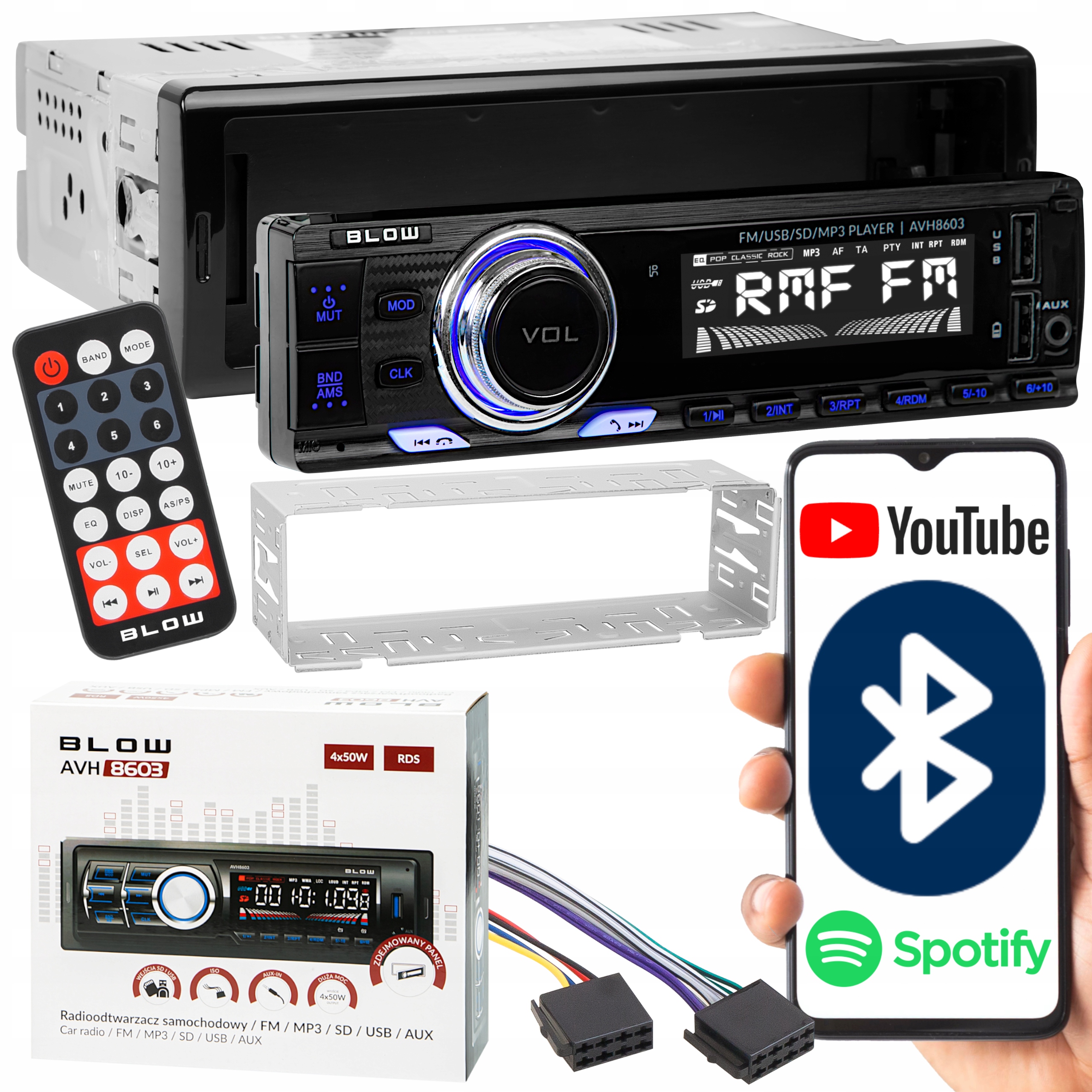 RADIO SAMOCHODOWE 1-DIN BLUETOOTH USB SD RDS 4x GŁOŚNIKI PILOT ZESTAW 520W Kod producenta 78-228#
