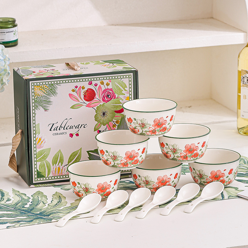 Tableware sada 6 keramických misiek s lyžicami na ryžu, polievku a vločky 400 ml