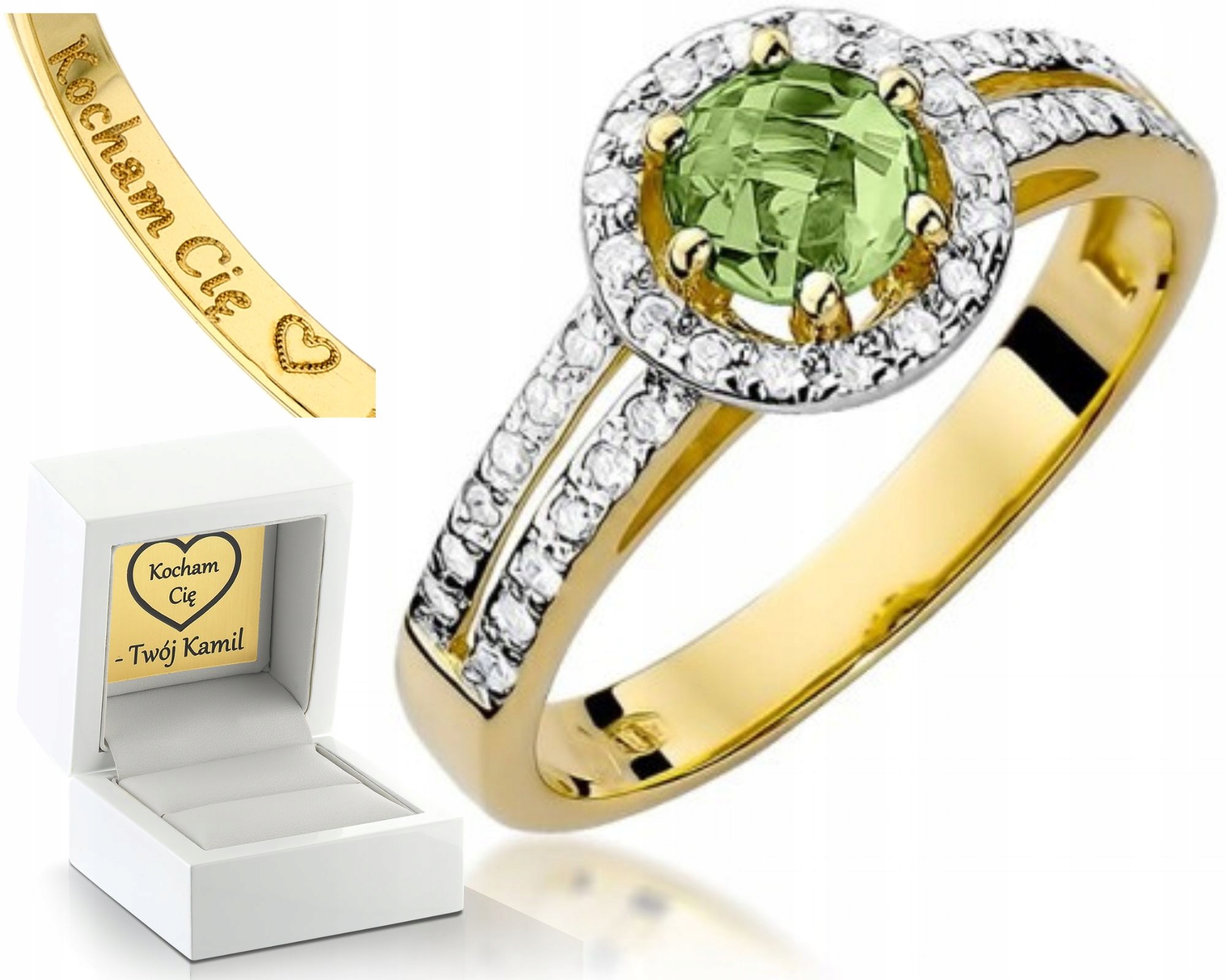 Klasický Prstýnek Olivín A Diamanty Gravírování 585