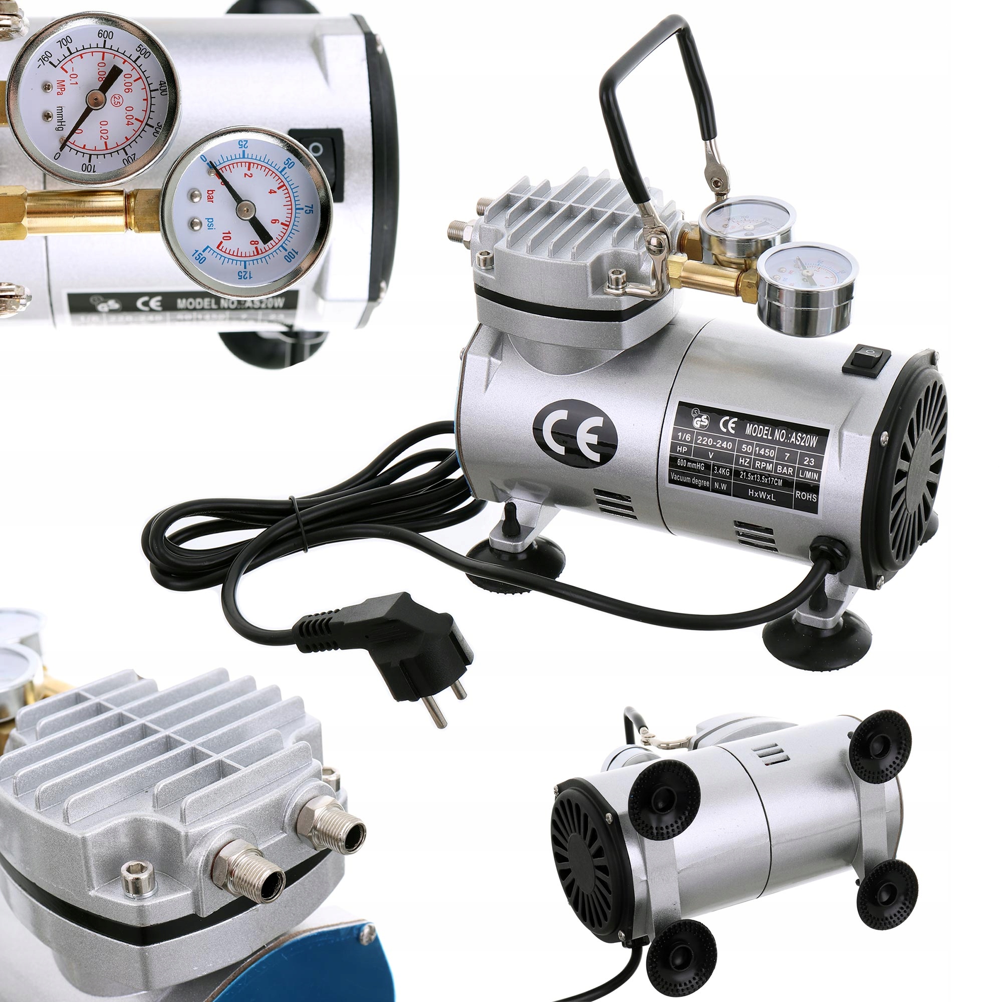 2v1 Kompresor pro Aerograf Vakuové čerpadlo Podtlakové -600mmHg AS20W