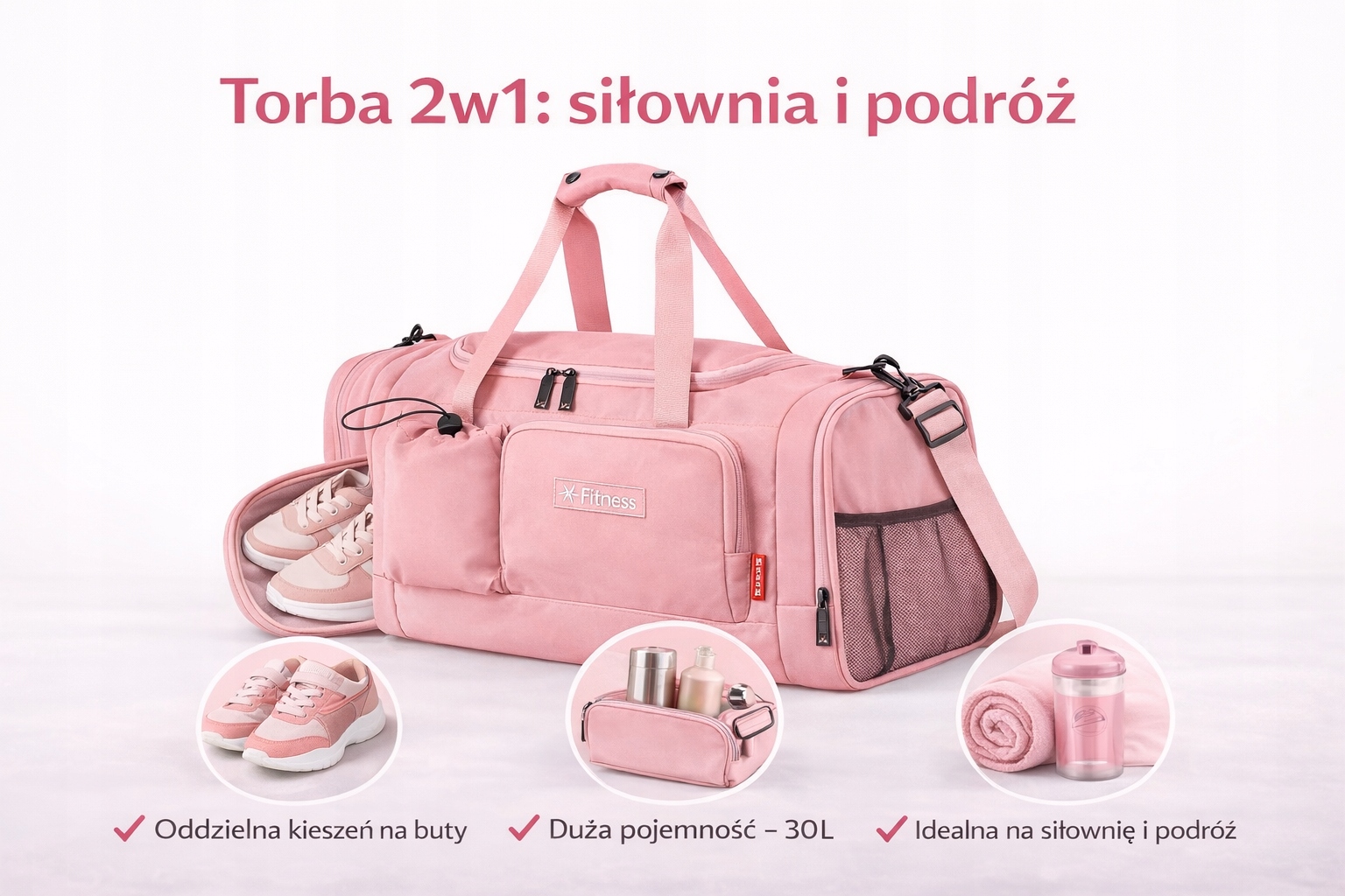 Damska Torba Fitness Premium Kieszeń Na Buty Różowa siłownia basen 30l