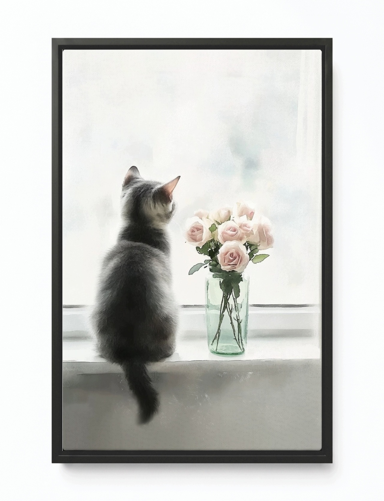 Obraz Rám Americký Box Kočka Květiny Okno Růžové Růže Minimalismus 40x60