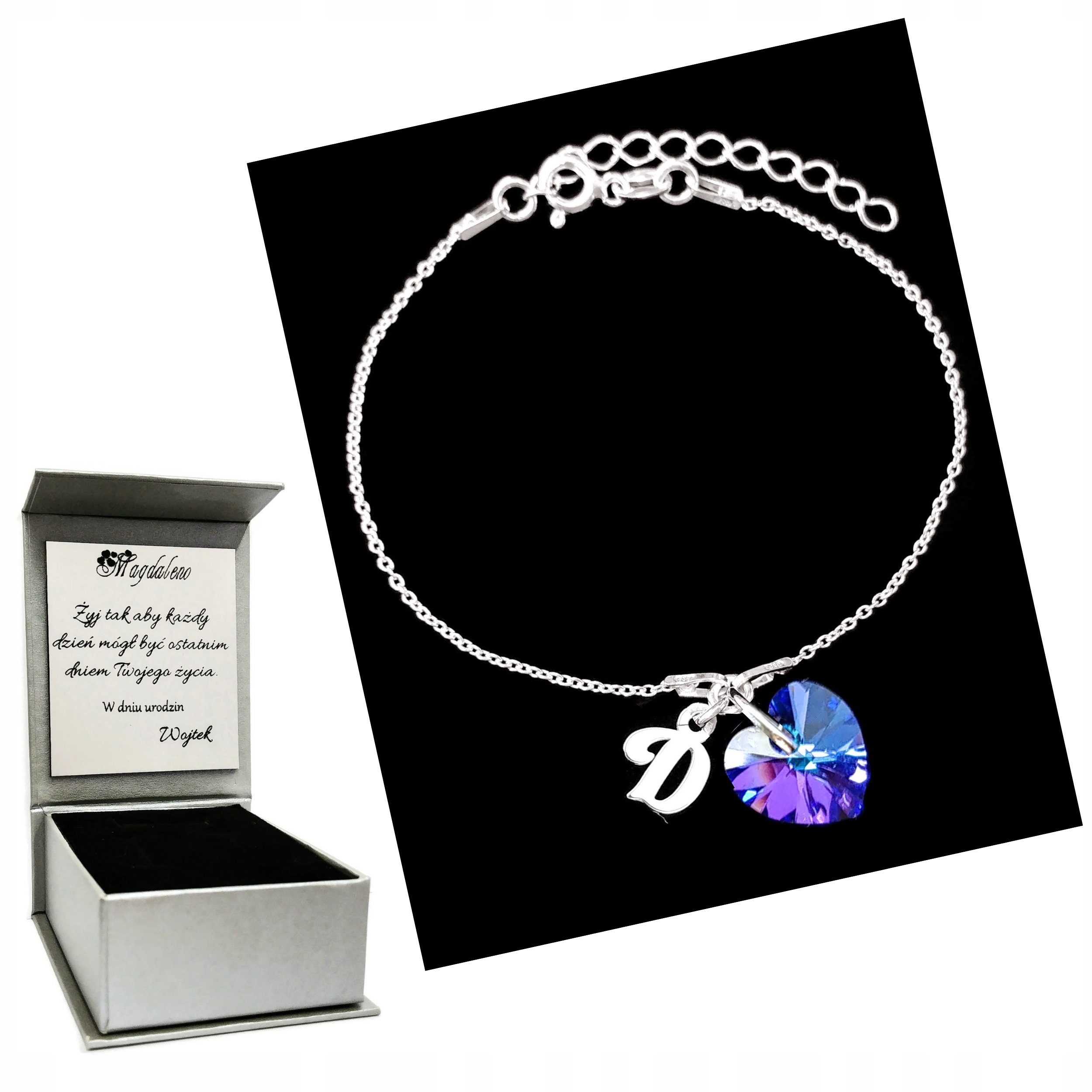 

Bransoletka Litera D Serce Swarovski Grawer Srebro