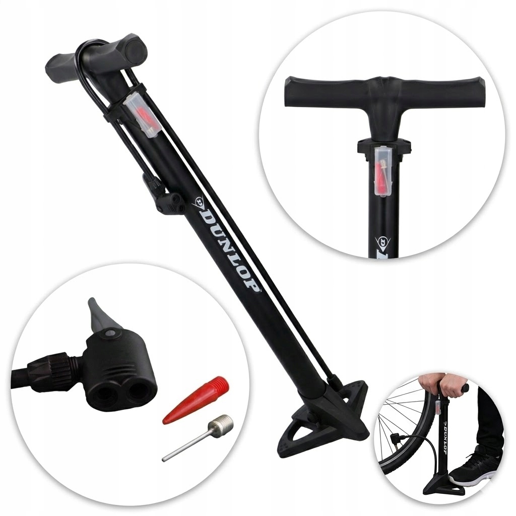 Pompka Rowerowa Podłogowa DUNLOP Presta Schrader do Opon Przenośna Czarna