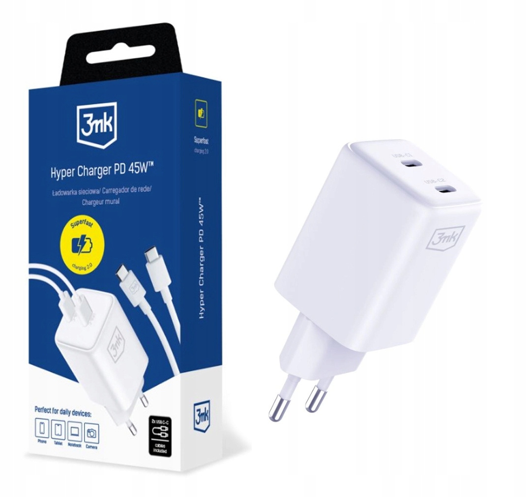 Hyper Charger Síťová nabíječka 3MK Pd GaN 45W kabel Usb C to C White