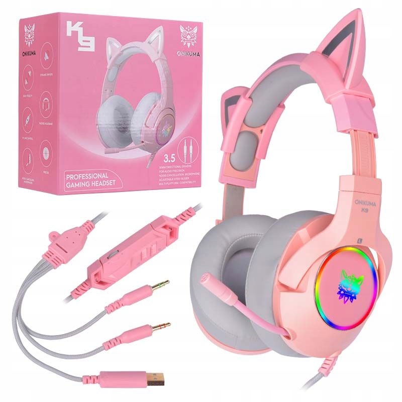SŁUCHAWKI GAMINGOWE ONIKUMA K9 MIKROFON USZY KOTA CAT RGB USB Model K9