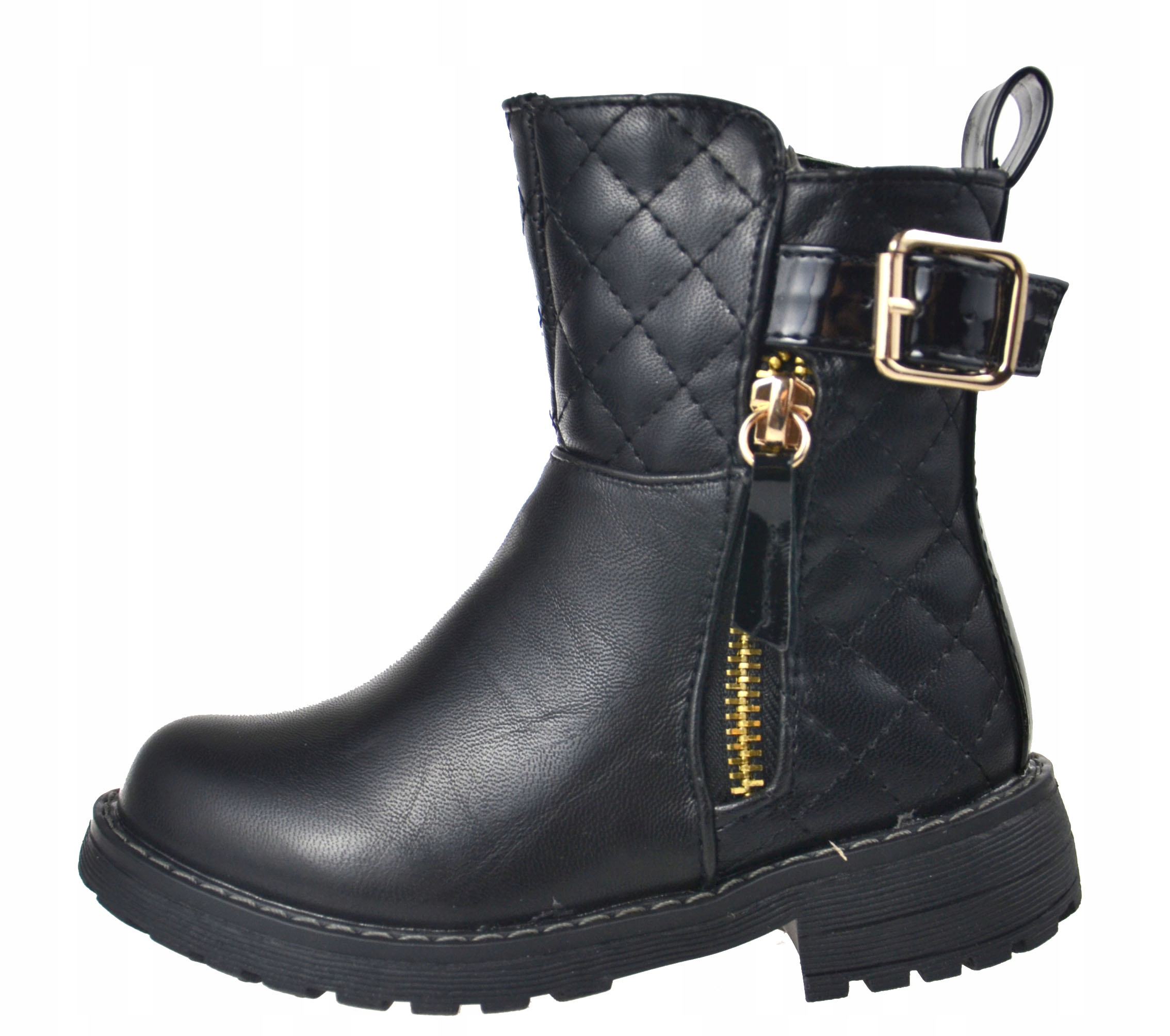 Kids Botki Pikowane Klamra Ciepłe Czarne Złote r29 Bohater brak