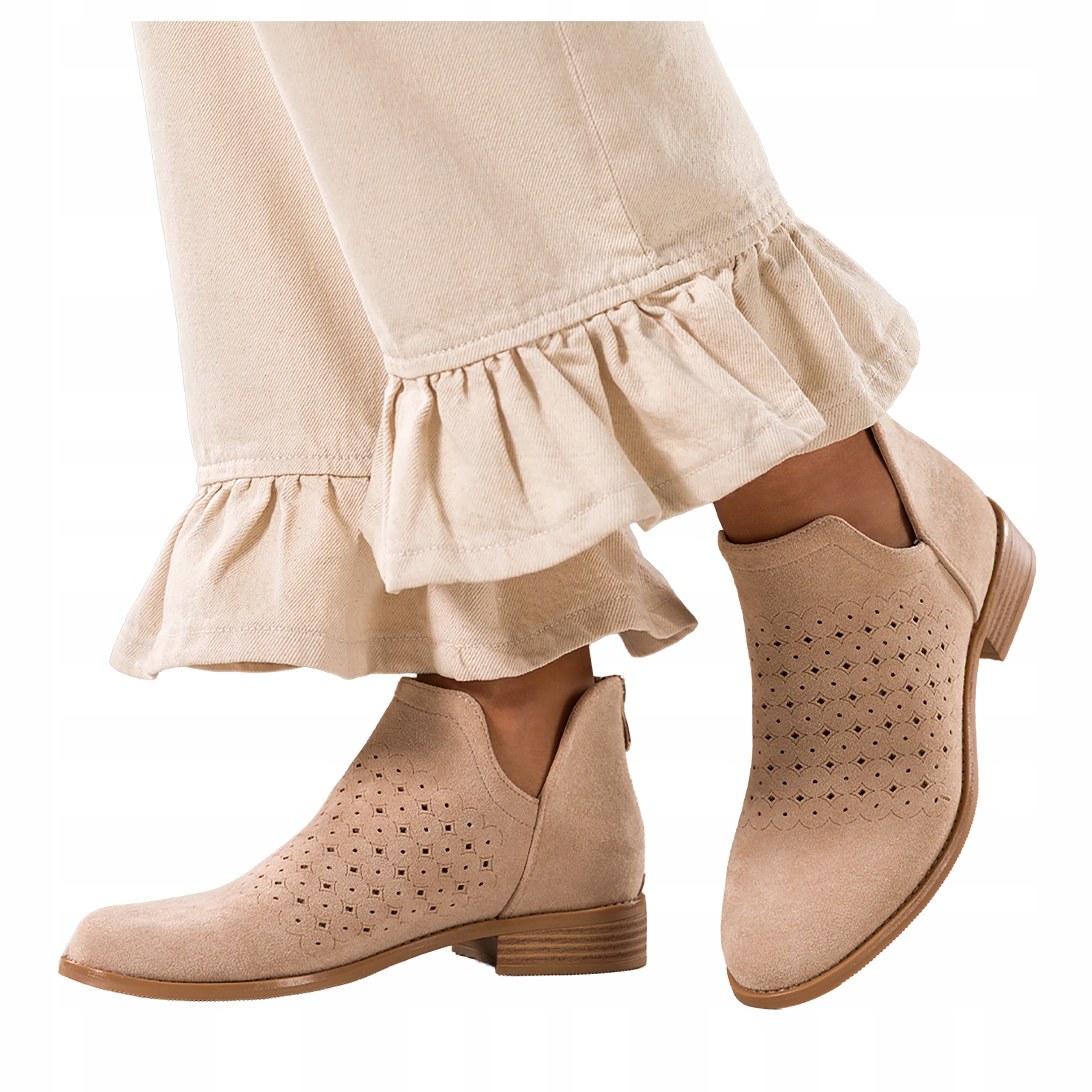 Kotníkové Boty Světle béžové Dámské Ploché Ažurové Vykrojené Svršek Pohodlné vel. 39