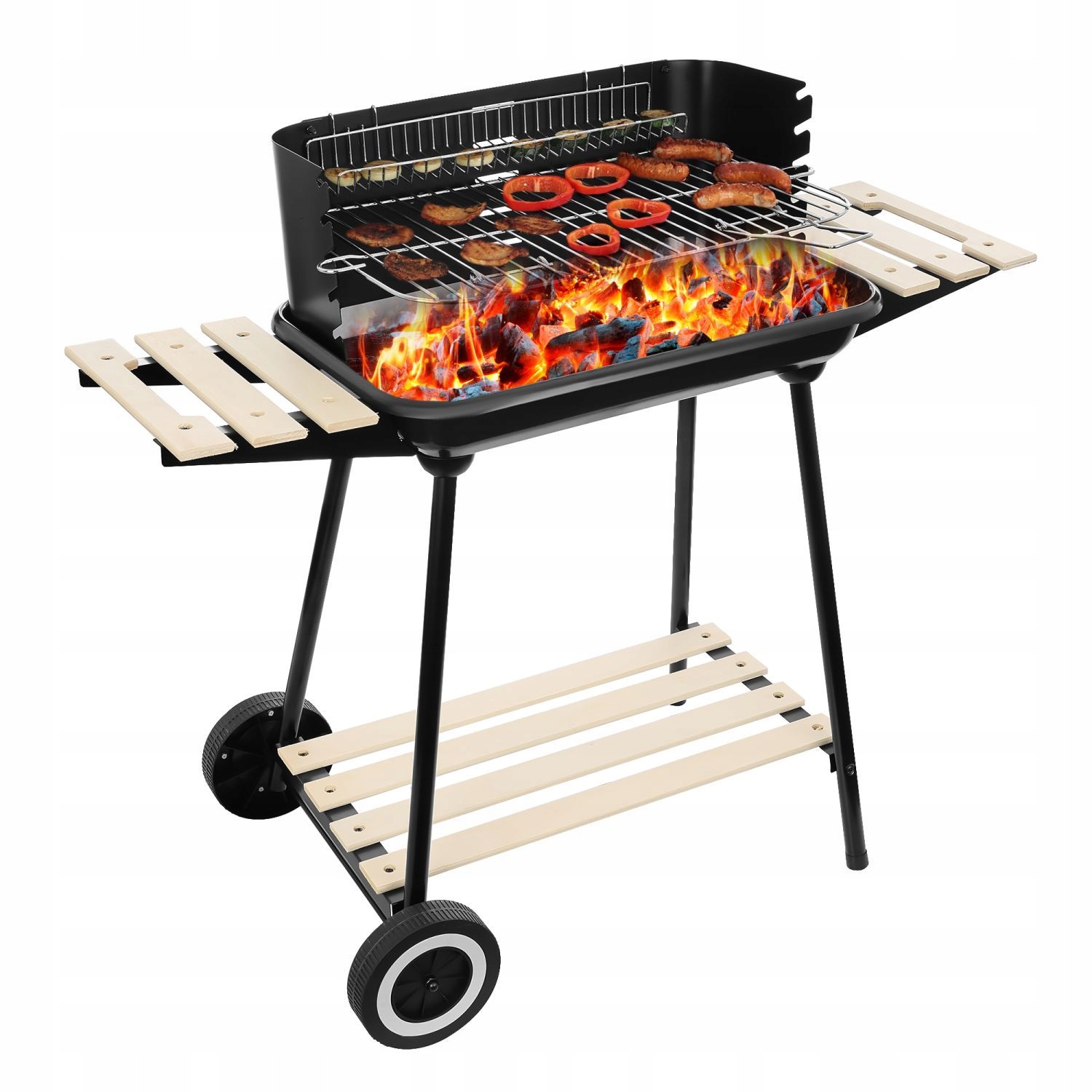 Zahradní gril na dřevěné uhlí na kolečkách se 3 policemi