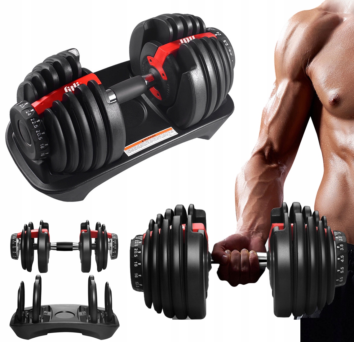 Hantle Regulowane Żeliwne Hantel 2,5-24KG Stojak szybka płynna regulacja