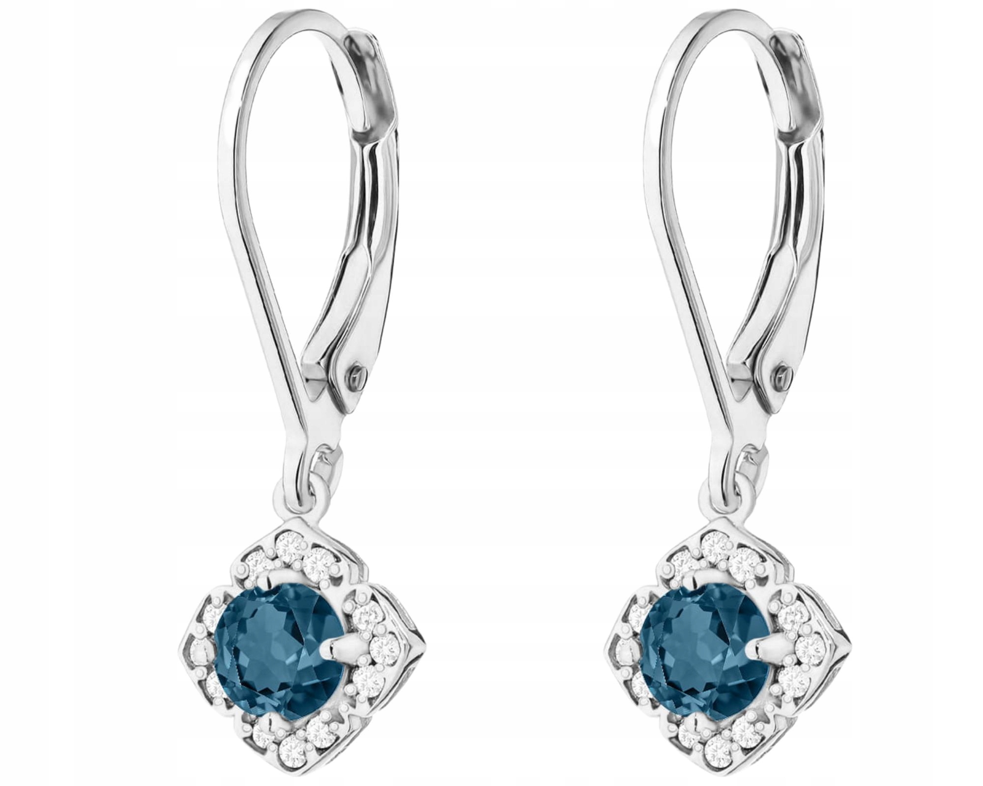 Bílé Zlato Náušnice Závěsné Topaz London Blue Brilianty Anglické Zapínání