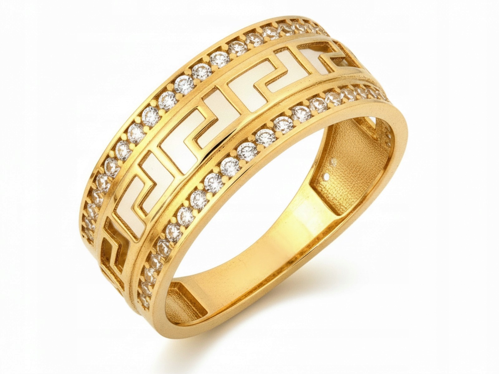 Zlatý prstýnek 585, prsten s laťkou a řeckým vzorem, velikost 16