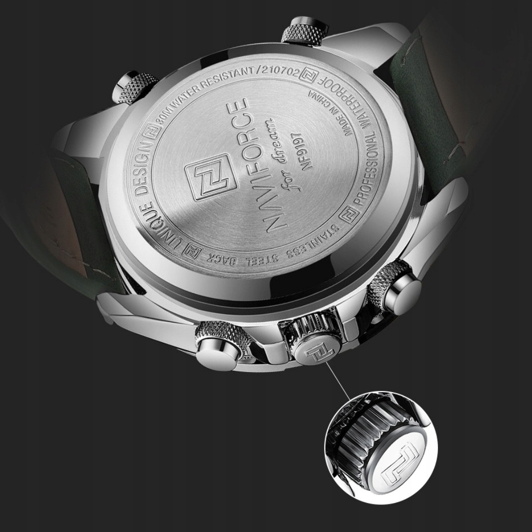 ZEGAREK MĘSKI ELEGANCKI KLASYCZNY SKÓRZANY PASEK STOPER DATOWNIK ALARM Wodoszczelność 30m = WR30