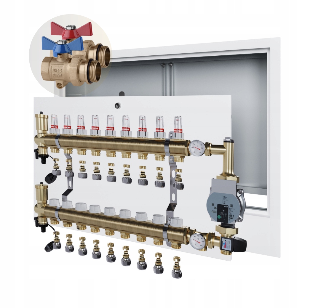 Rozdělovač podlahového vytápění 9 Skříňka Pod Omítku+wilo+ Pex+kulový Ventil