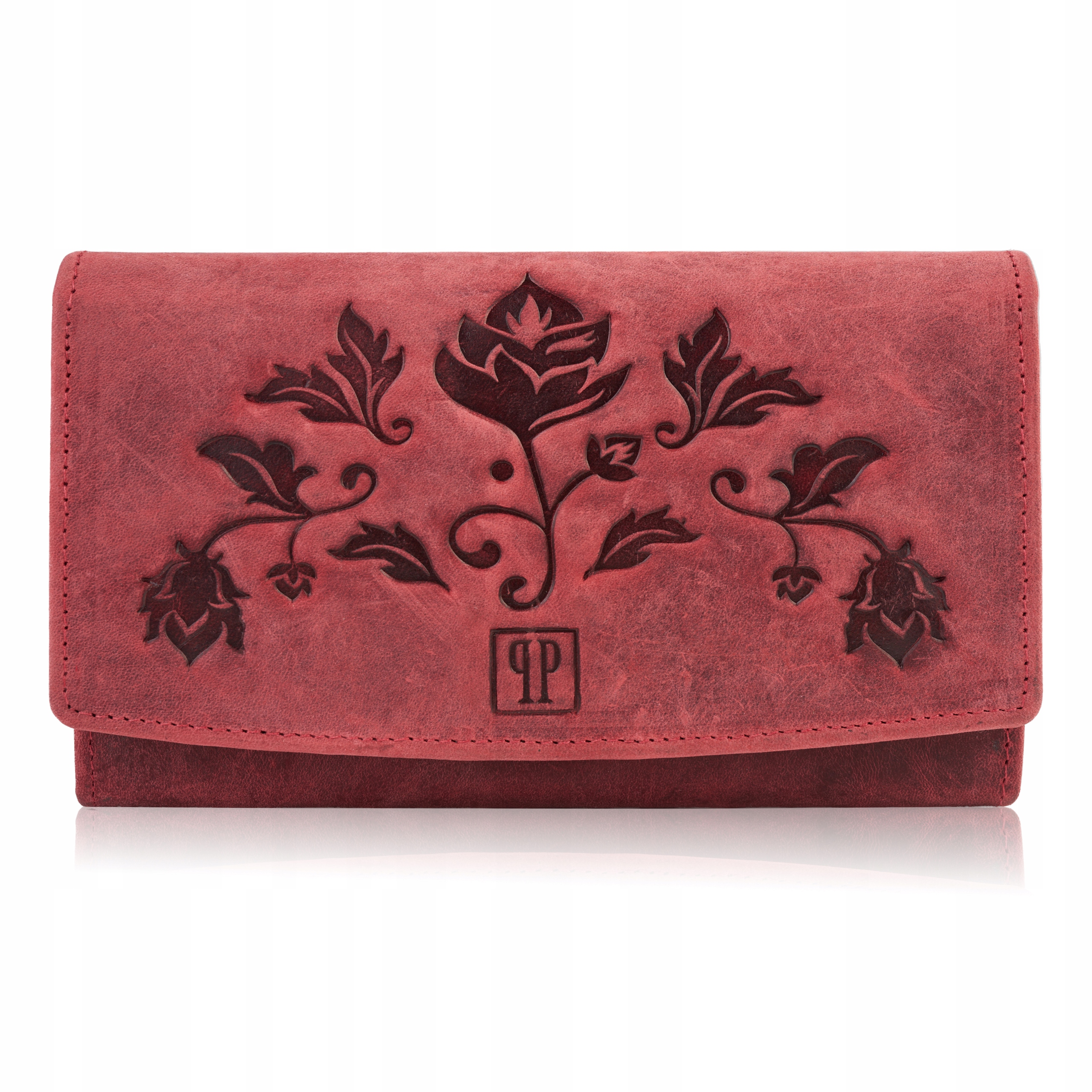 Portfel Damski Skórzany Paolo Peruzzi Czerwony RFID z Wzorami Kwiatowymi