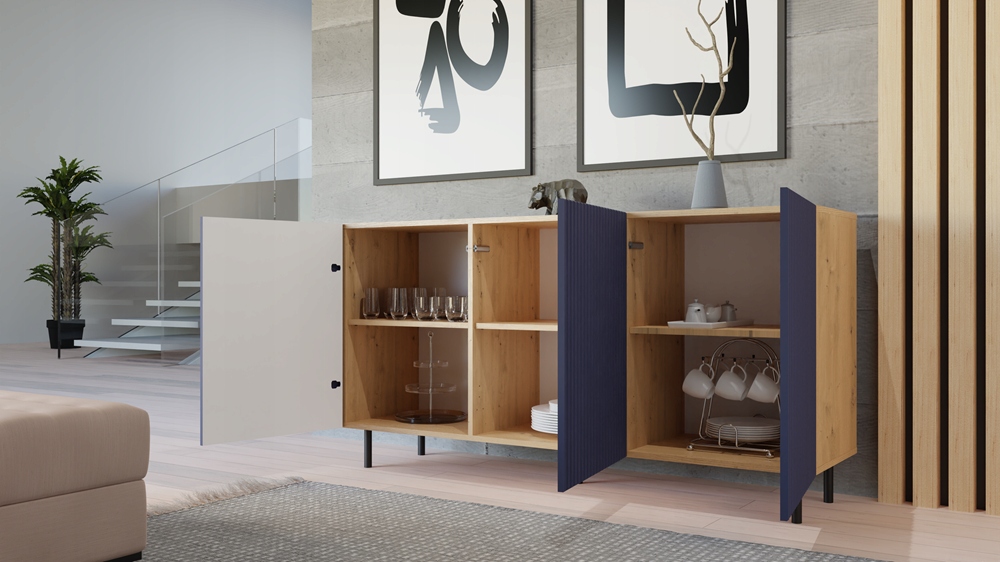 KOMODA 150 cm SZAFKA NOWOCZESNA POJEMNA PÓŁKI DRZWI LAMELE ARTISAN GRANAT Kolor frontów niebieski