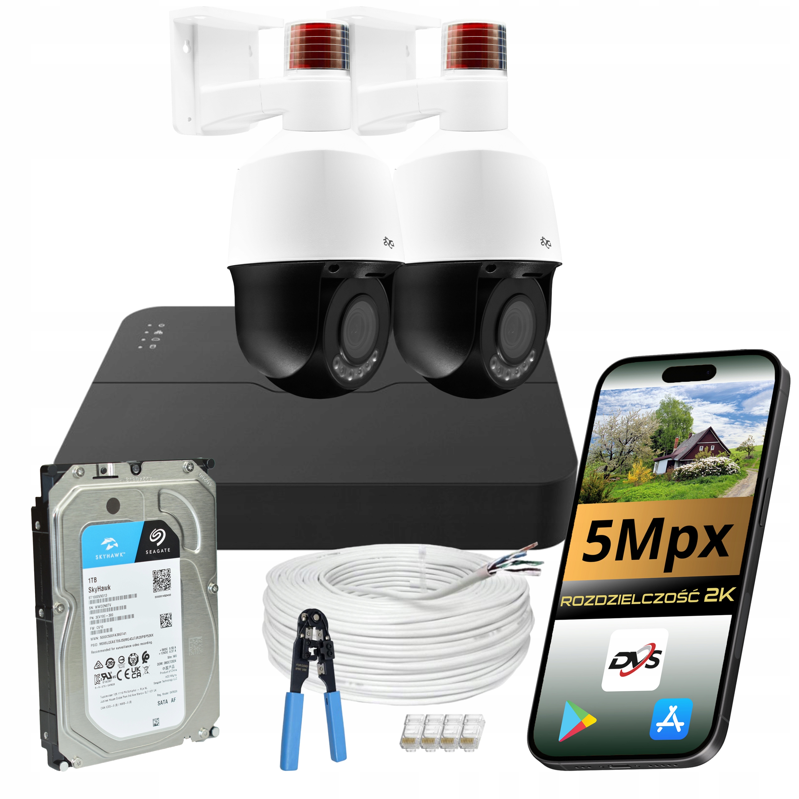 Set Na Monitorovanie Domu 2x Ip Kamera 5MPX Poe Ai Disk 1TB Smart Line Dvs