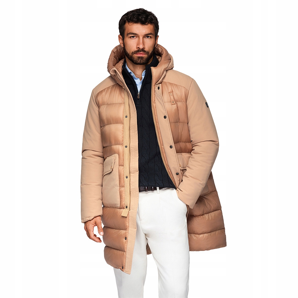 Dlouhá prošívaná pánská bunda s velkými kapsami béžová V2 OM-JALJ-0308 L
