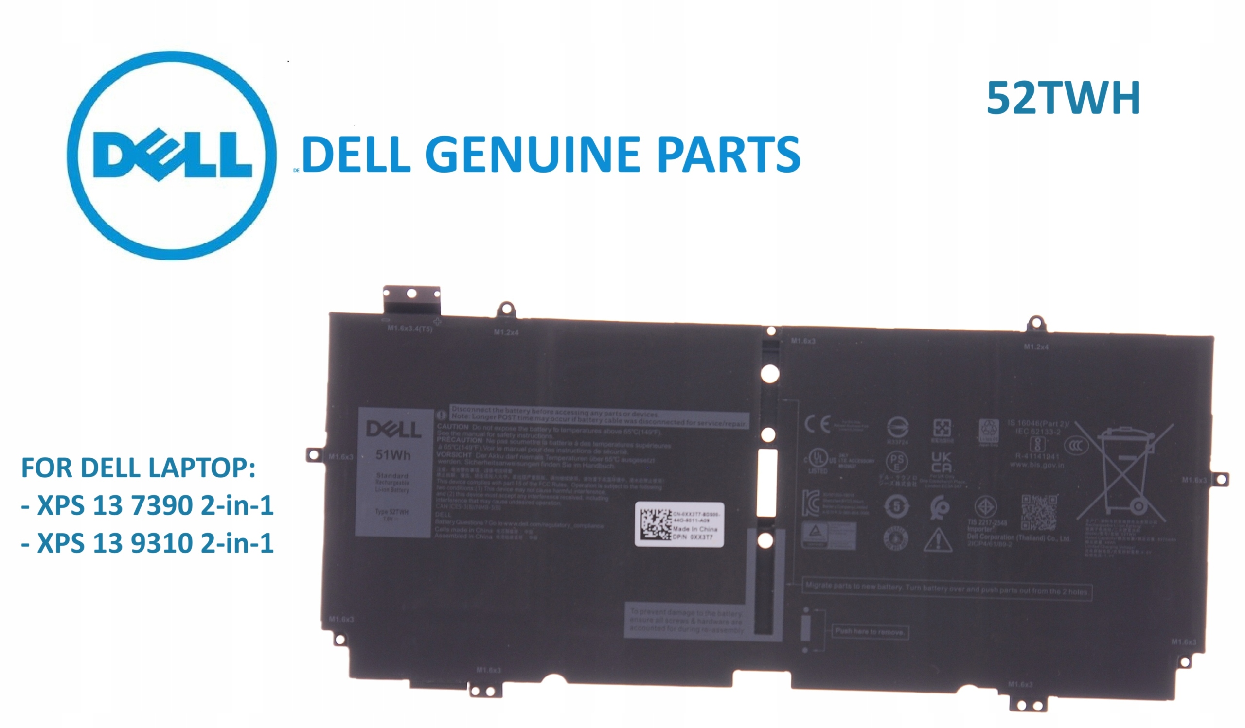Nová Originálna Batéria Dell Xps 13 7390 2-IN-1 51Wh 52TWH XX3T7