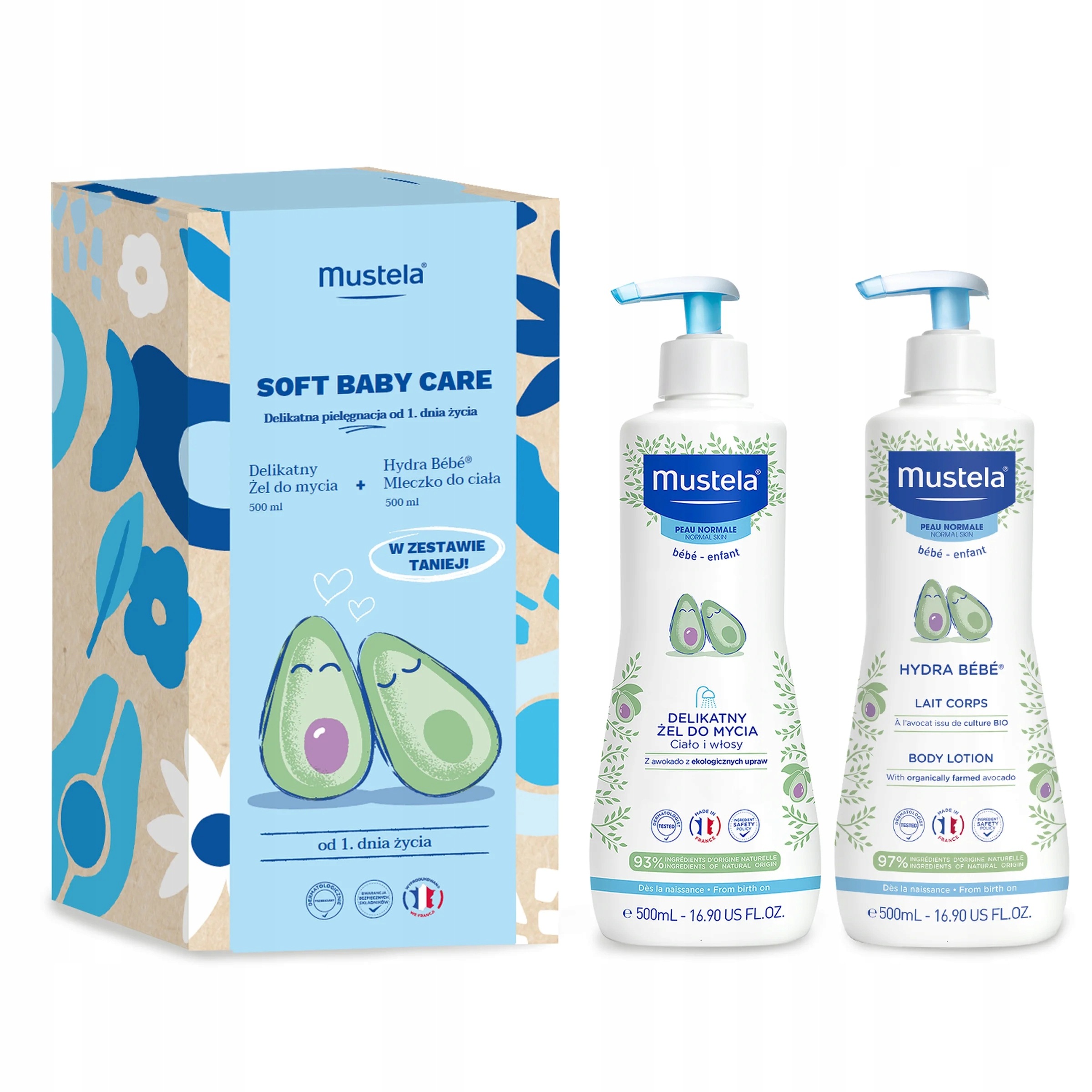 Mustela Soft Baby Care Delikatny żel do mycia 500ml mleczko do ciała 500ml
