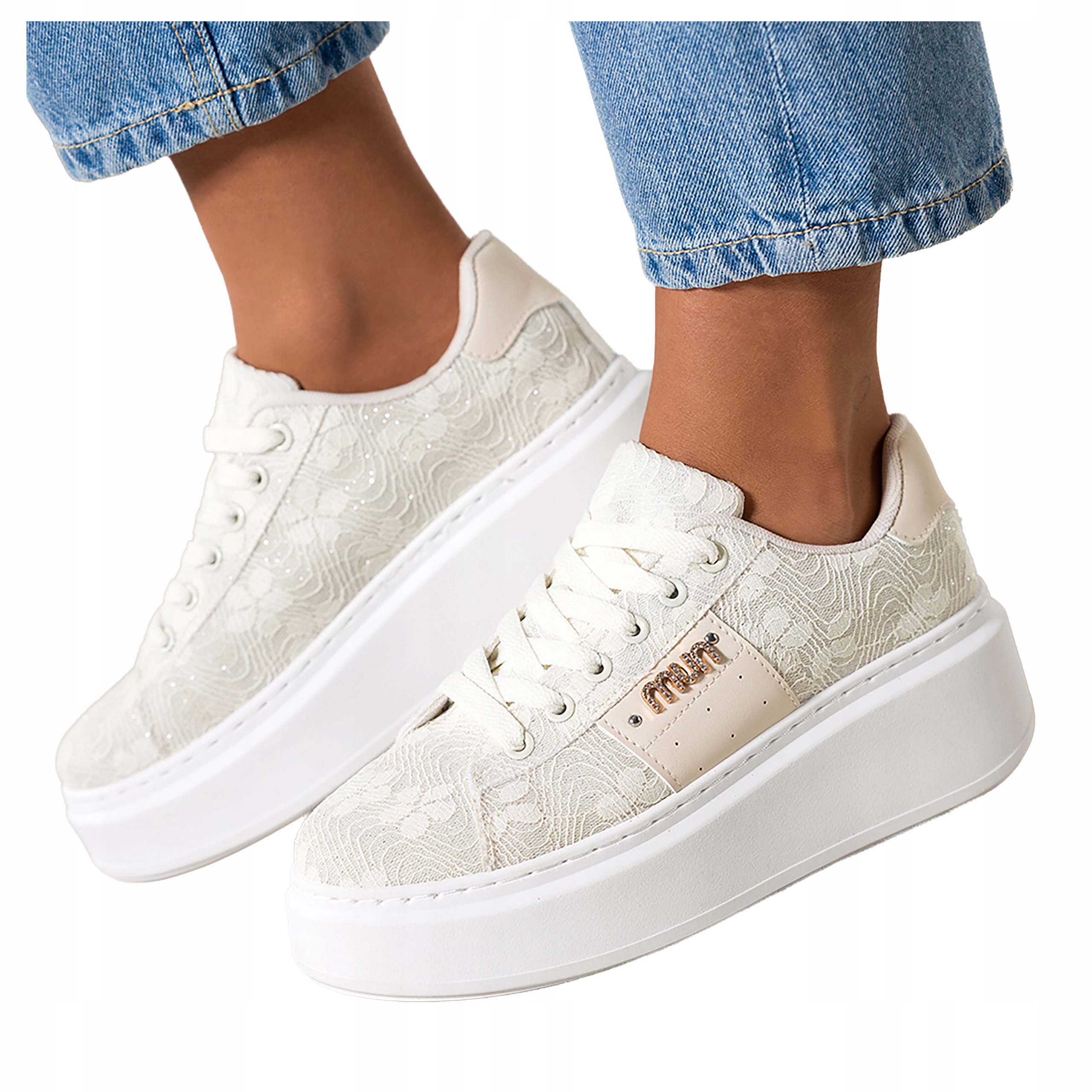 Krémové dámské šněrovací tenisky na platformě s krajkou Creepersy, velikost 38