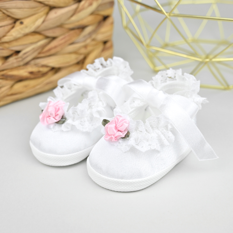 BUCIKI DO CHRZTU BUTY Z RÓŻOWYM KWIATKIEM KORONKĄ WESELE ROCZEK LATO r. 10 Okazje chrzest