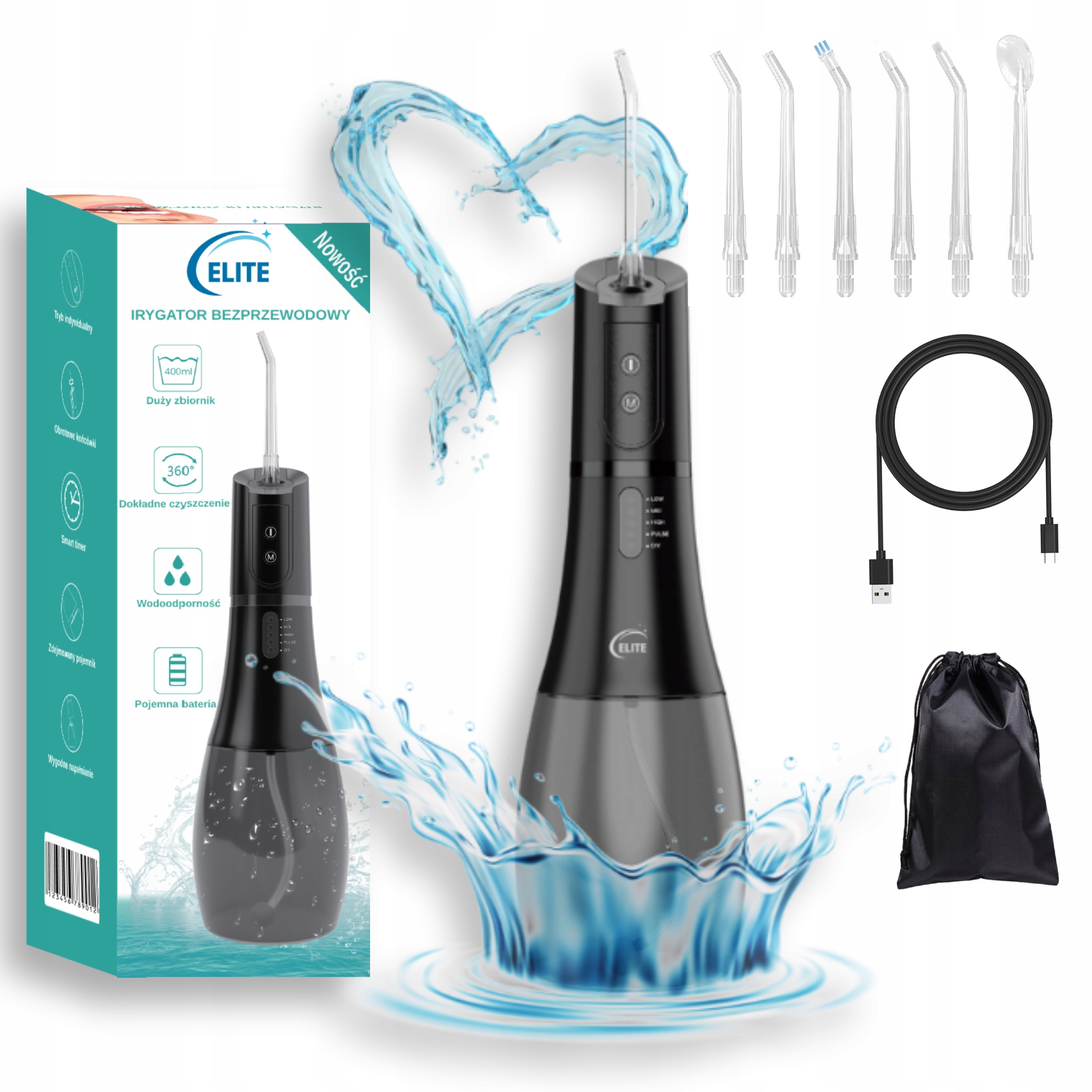 Irygator Do Zębów Dentystyczny Bezprzewodowy 5 Trybów 400ML Mocny Elite