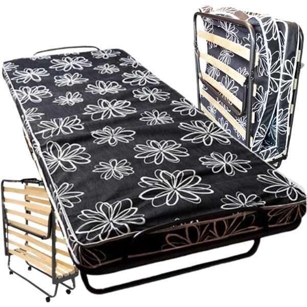 MEBLE MOCNE ŁÓŻKO SKŁADANE TURYSTYCZNE POLOWE Z MATERACEM Z KÓŁKAMI 80x190