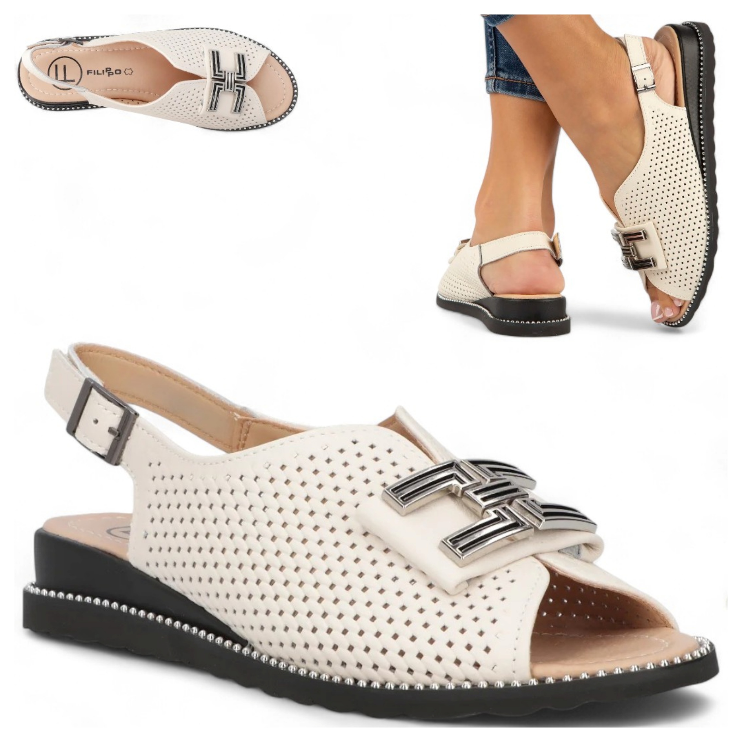 Dámské kožené sandály 40 Filippo na podpatku Elegantní Pohodlné Béžové