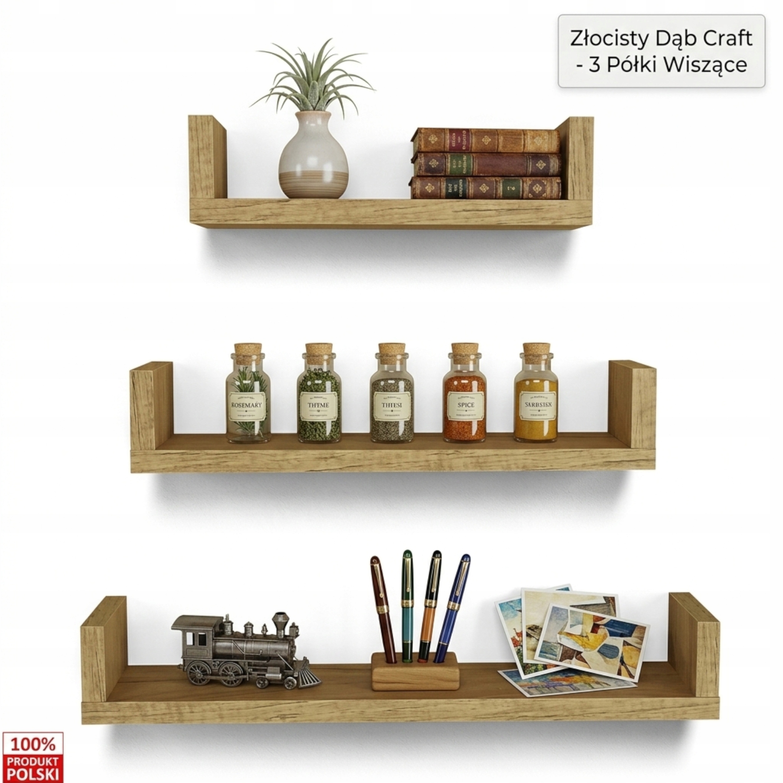 Półki wiszące na ścianę ścienne do salonu kuchni regał craft złoty 30 40 50