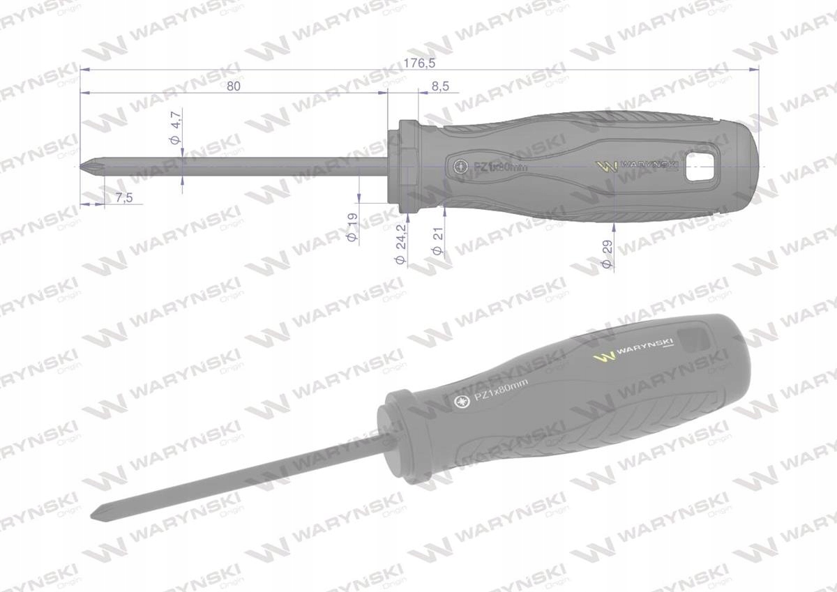 Wkrętak PZ1. 80 mm. stal SVCM. Waryński Kod producenta WMW019