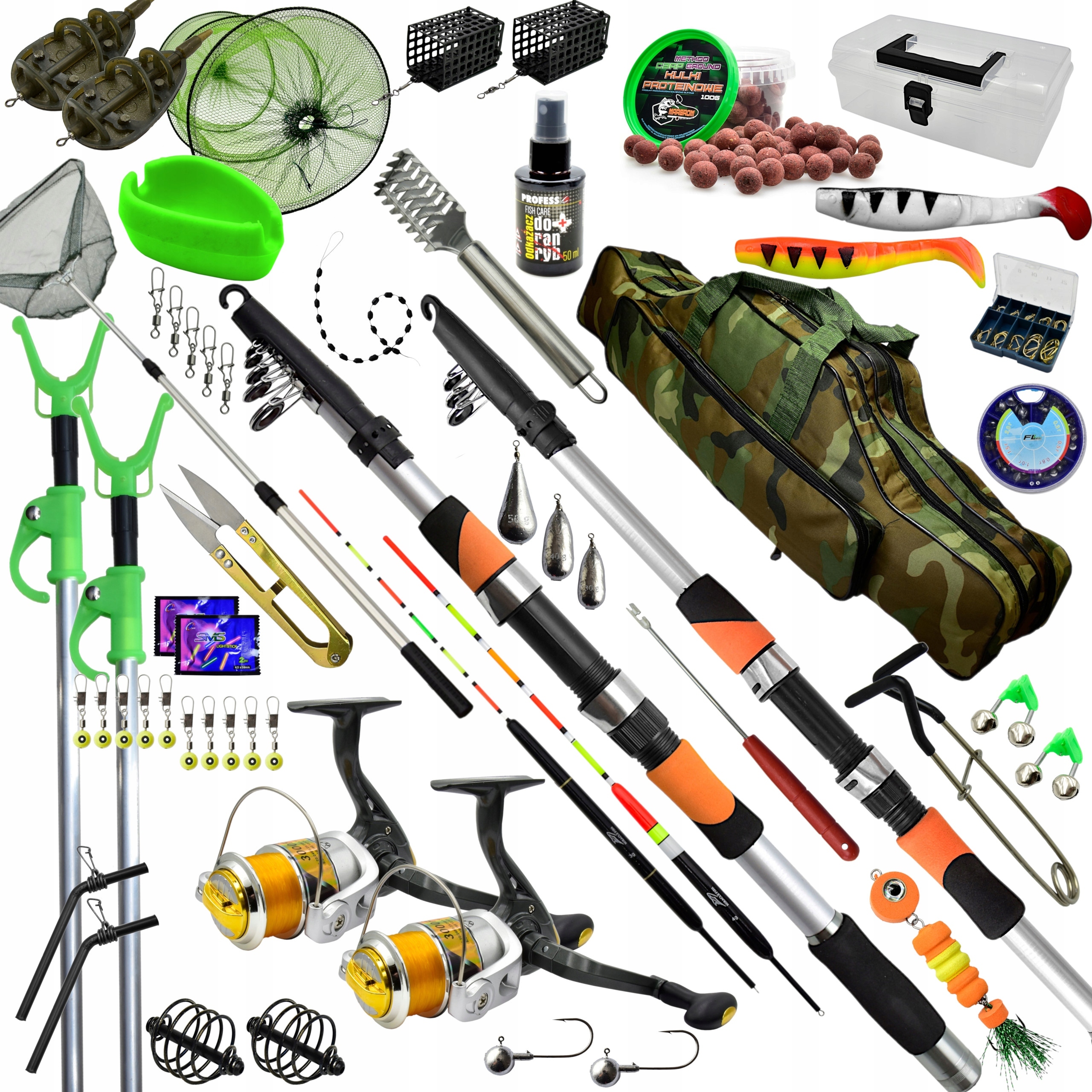 Zestaw Wędkarski 2x Wędka 2x Kołowrotek Torba Siatka Podbierak Podpórki akc